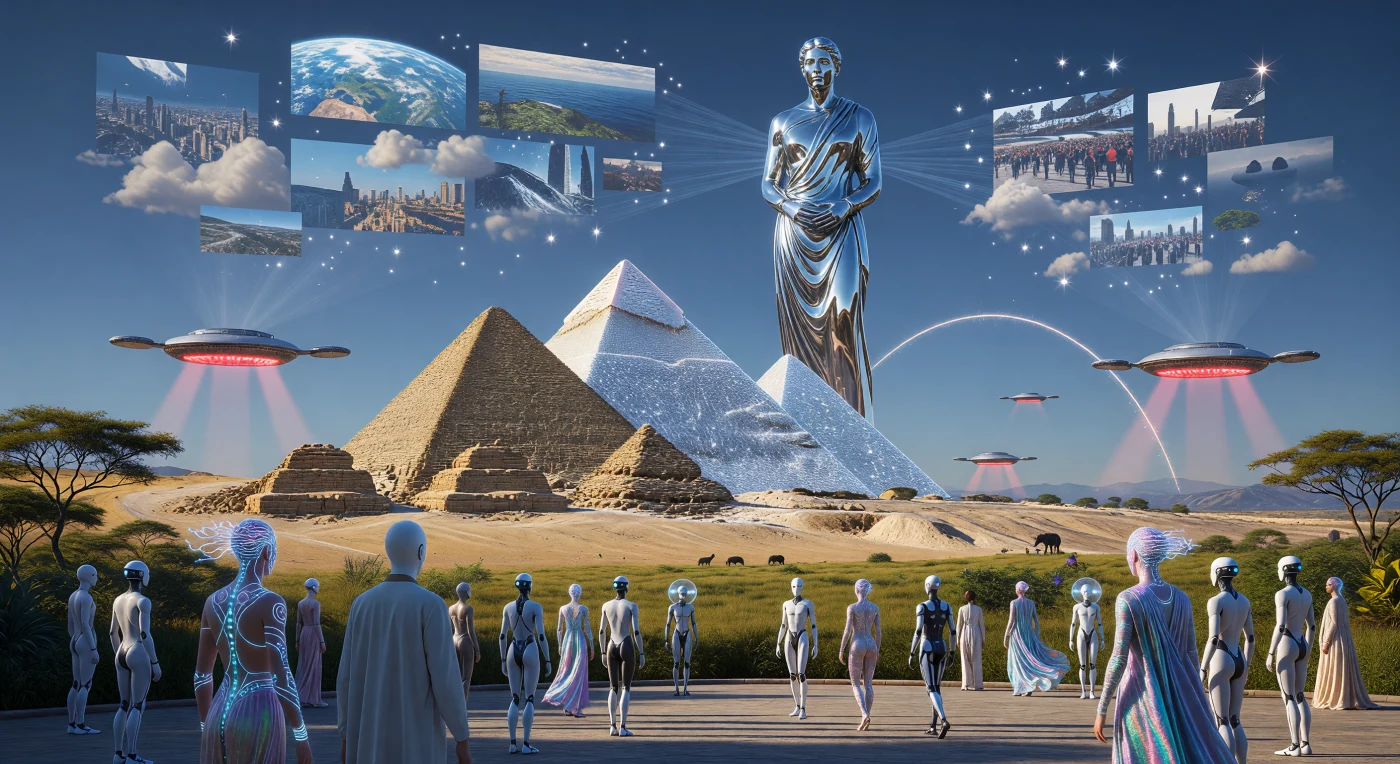 In questa veduta del 2850, le Piramidi di Giza appaiono protette da imponenti gusci in reticolo di diamante sintetico, sovrastate da un colosso di cromo programmabile che proietta memorie del XXI secolo nel cielo di un Sahara rigenerato in rigogliosa savana. Una congregazione di *Bios* aumentati e *Infomorph* sintetici si riunisce all'ombra della "Trama" orbitale, celebrando l'apice dell'Era dell'Espansione Solare e la stabilità di una civiltà di Tipo 1.5. Questo Cronolito rappresenta il punto di incontro definitivo tra l'antichità della pietra e il futuro della post-umanità, dove la tecnologia dei materiali avanzati e la risurrezione di biomi scomparsi collegano il passato profondo all'eternità digitale.