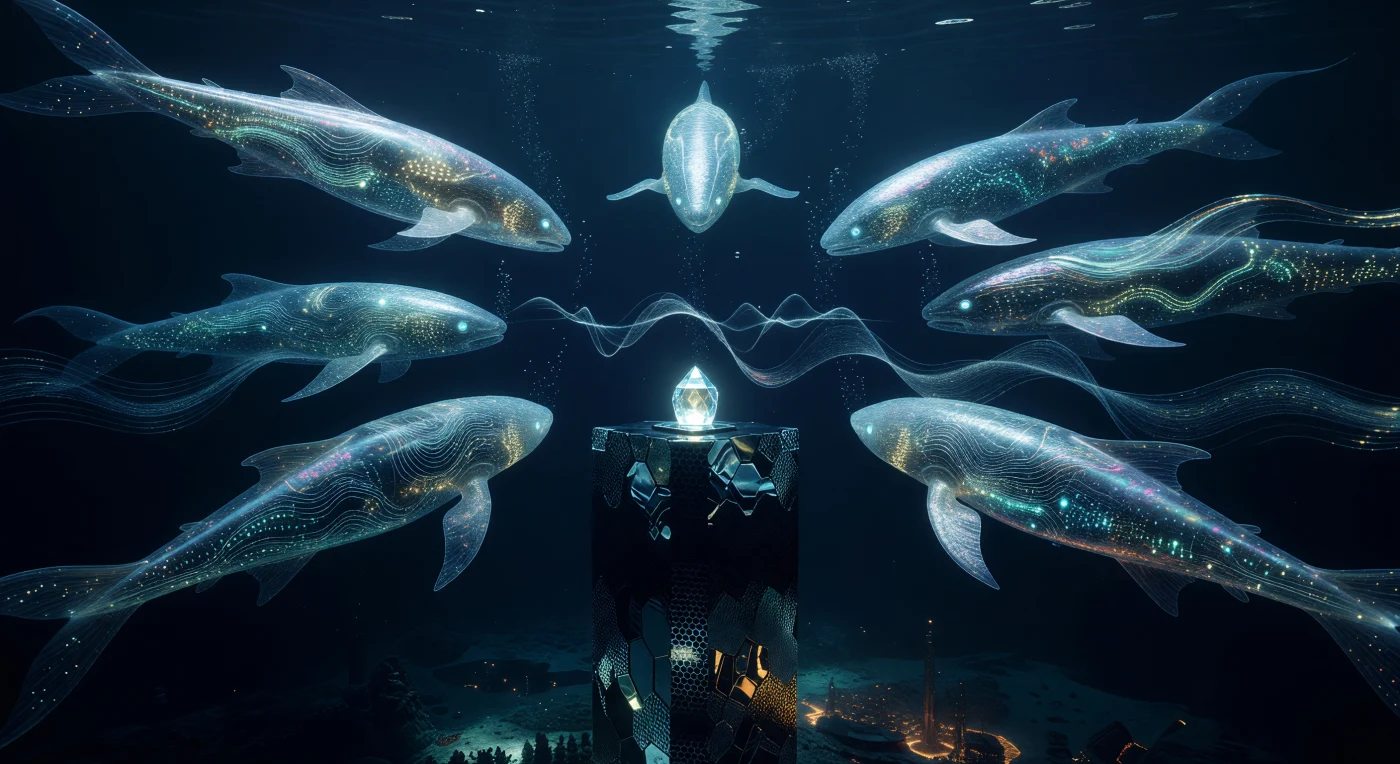 Nelle gelide profondità dell'esopianeta K2-18b, un circolo di Pellucid — entità post-biologiche caratterizzate da reti neurali in grafene e bioluminescenza complessa — si riunisce in un rituale di memoria collettiva durante l'Età Galattica (5000-20.000 d.C.). Attorno a un piedistallo in nanotubi di carbonio che custodisce i dati del Voyager Gold Record, queste creature proiettano sculture 4D di pioggia terrestre e canti di megattere, trasformando l'abisso in un archivio sensoriale della "Antichità Asciutta". L'opera testimonia la persistenza della cultura terrestre attraverso i millenni, dove la tecnologia dei materiali avanzati incontra il riverbero ancestrale della vita biologica in un remoto oceano alieno.