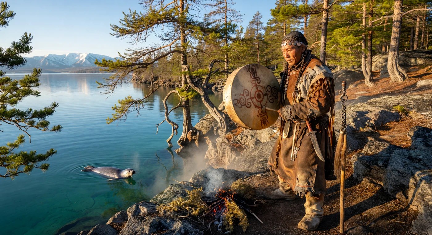 Un potente sciamano buriato, con indosso una tunica di pelle d'alce carica di talismani in ferro, percuote un tamburo cerimoniale dipinto con mappe cosmologiche su una scogliera granitica che domina le acque cristalline del lago Baikal. Ambientata nel 1740, questa scena cattura un momento di intensa spiritualità mentre una foca Nerpa emerge in superficie e il fumo di ginepro si leva verso le vette della catena di Barguzin. In un periodo segnato dall'espansione dell'Impero Russo, tali rituali rappresentavano il cuore dell'identità culturale e della visione del mondo dei popoli indigeni della Siberia, unendo il regno terreno a quello spirituale attraverso il ritmo sacro della taiga.