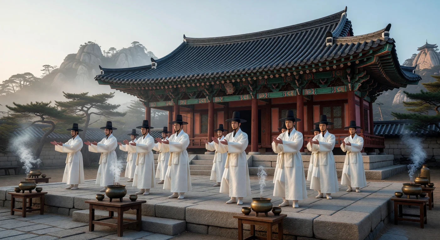 Au XVe siècle, sous la dynastie Joseon, des érudits coréens vêtus de hanboks en ramie blanche et coiffés de chapeaux de crin noirs (gat) exécutent un rituel néoconfucéen solennel sur le woldae, une plateforme de granit surélevée. Devant un sanctuaire à l'architecture raffinée aux piliers rouge ocre, les mouvements précis des participants et les fines volutes d'encens de santal témoignent de la discipline austère de l'époque. Cette cérémonie illustre l'importance fondamentale des rites et de la piété filiale dans la structure sociale et spirituelle de la Corée médiévale, où la philosophie néoconfucéenne dictait l'ordre de l'État.