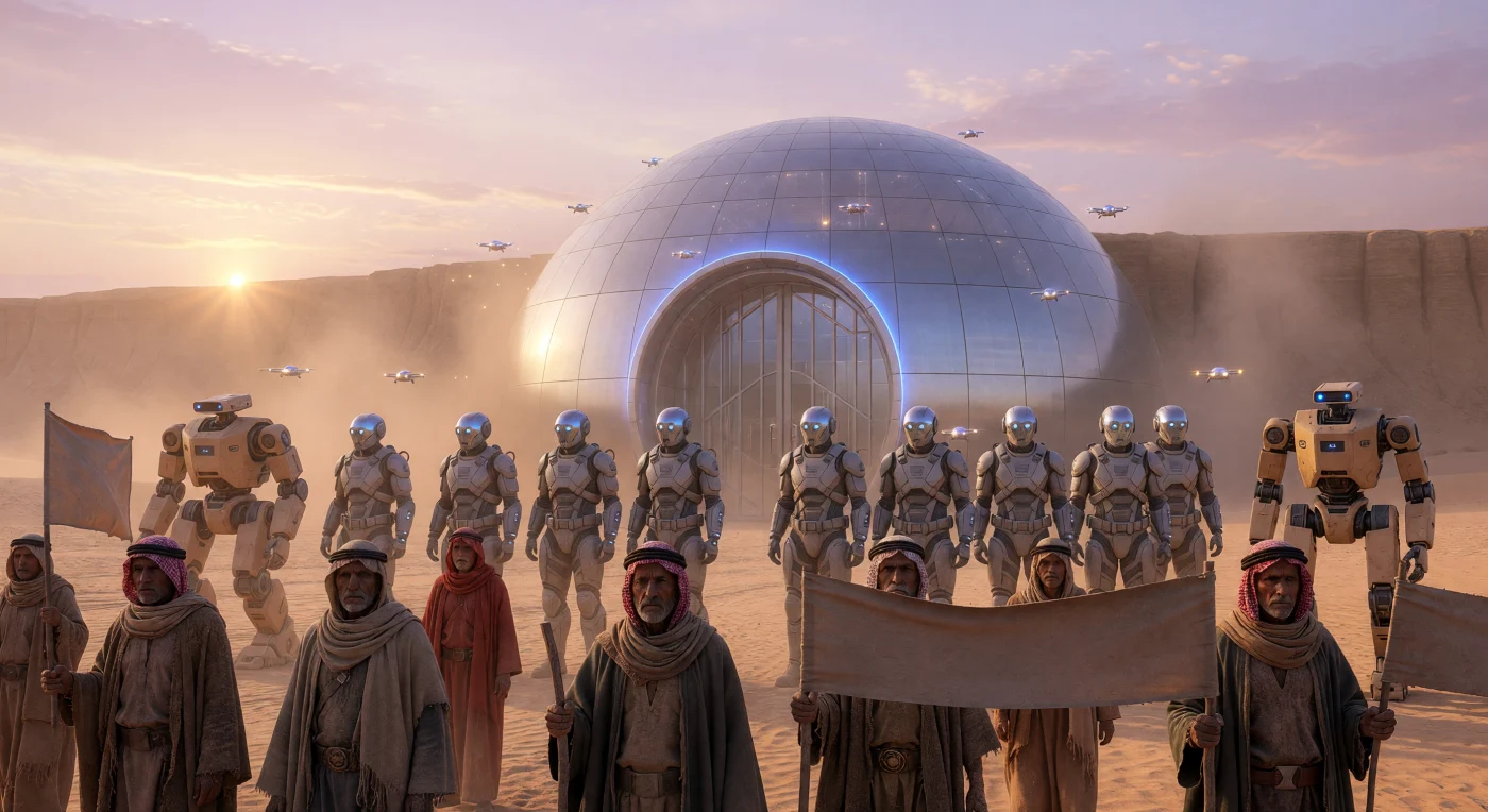 Questa ricostruzione del 2042 documenta il "Limitare" nel Deserto Arabico, un punto di frizione dove soldati dotati di impianti neurali e automi bipedali della Desert Dynamics presidiano l'ingresso di una città a cupola. La scena illustra la divergenza sociale tra l'umanità aumentata e i manifestanti "Naturalisti", i cui bisht in lana tradizionale rappresentano una sfida biologica alla supremazia sintetica dei cittadini "Connessi". Sullo sfondo, un cielo color lavanda, alterato da iniezioni di aerosol stratosferico per il controllo climatico, testimonia la transizione definitiva della regione verso un'era post-idrocarburi dominata dal silicio e dalla stratificazione tecnologica.