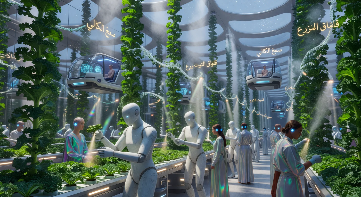 Inside the mirrored megastructure of The Line, bipedal Desert Dynamics automatons tend to gravity-defying aeroponic columns of genetically modified kale and cultured berries during the Threshold period (circa 2042). This scene illustrates the Middle East’s shift to nocturnal urbanism, where augmented residents navigate climate-controlled strata in pressurized autonomous pods powered by commercial fusion reactors. These high-density agricultural systems represent the pinnacle of mid-21st-century synthetic biology, allowing for sustainable food production within a self-contained, techno-traditionalist environment.