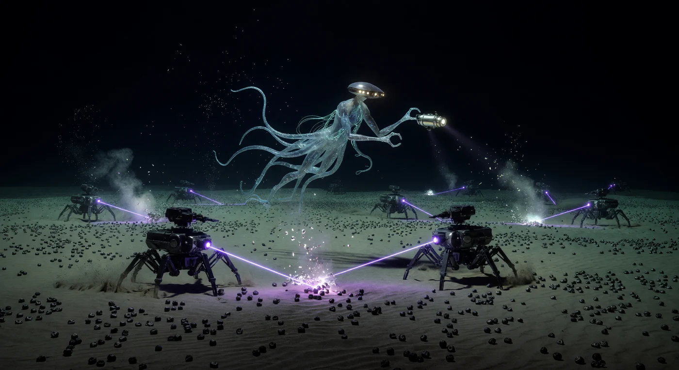 À 4 000 mètres de profondeur, dans l'obscurité totale de la zone de minuit, des robots miniers hexapodes appelés « Scuttle-Bots » pulvérisent des nodules polymétalliques à l'aide de lasers violets de haute puissance. Ce paysage industriel de l'ère du Seuil (2025-2050) illustre « l'Accélération Bleue », une période charnière où un proxy biomimétique aux membres souples, inspiré des céphalopodes, supervise l'extraction des ressources minérales du plancher océanique sous une pression de 400 atmosphères. Entre les nuages de sédiments et la « neige marine » dérivante, ces machines transforment les plaines abyssales en une frontière technologique vitale pour la survie énergétique de la civilisation.