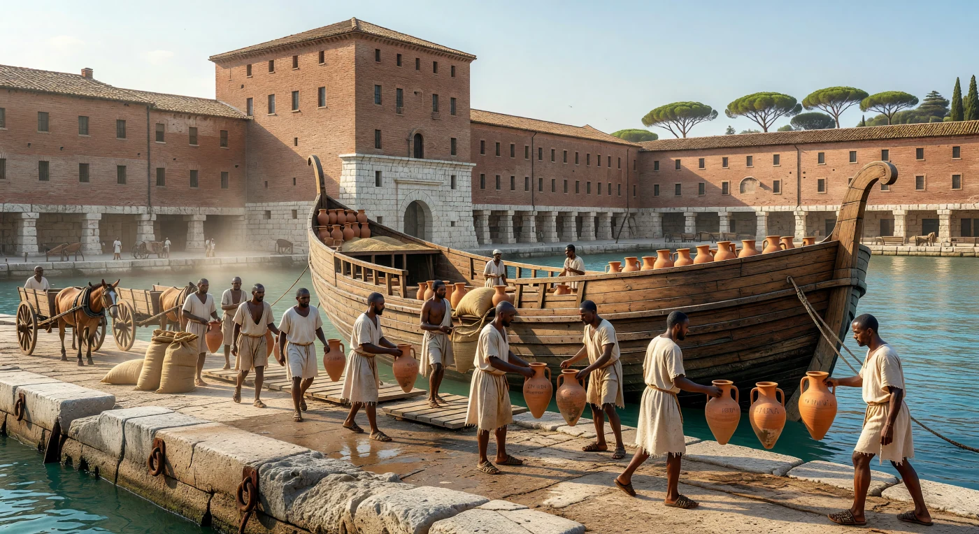 This scene depicts the bustling activity at Portus, the great hexagonal harbor of imperial Rome, during the 4th century AD. Specialized dockworkers known as *saccarii* unload terracotta amphorae from a merchant vessel onto a quay constructed of durable hydraulic pozzolana concrete, an engineering marvel of the Roman world. In the background, massive brick *horrea* (warehouses) stand ready to store the grain and olive oil essential for the capital’s survival, illustrating the sophisticated maritime logistics that sustained the Mediterranean economy during Late Antiquity.