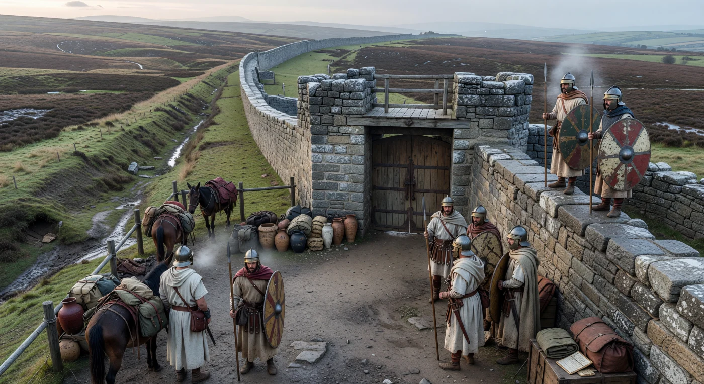 In het koude ochtendmist van Brittannia patrouilleren Romeinse hulptroepen over een stenen milecastle aan de Muur van Hadrianus, met ovale schilden, ijzeren helmen en met regen verzwaarde wollen tunieken. Deze soldaten waren geen uniforme legionairs uit Italië, maar mannen uit uiteenlopende provincies van het rijk, gestationeerd aan deze verre noordgrens om verkeer te controleren, wacht te lopen en snelle invallen van over de frontier te ontmoedigen. De ruwe zandstenen muren, modderige binnenplaats, bepakte muildieren en natte heide daarachter tonen scherp hoe sober en kwetsbaar het leven was aan de uiterste rand van Romeins Britannia in de 2e eeuw n.Chr.