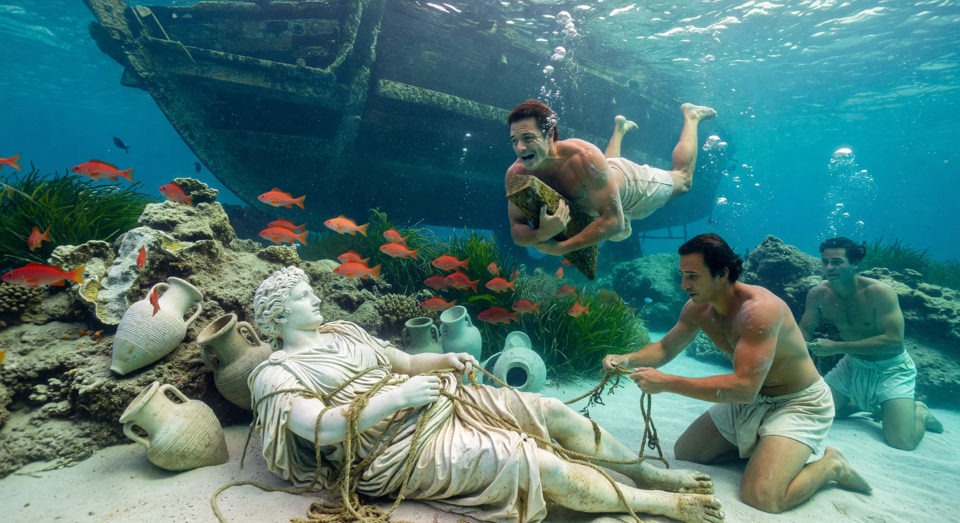 In den klaren Tiefen des antiken Mittelmeers bergen professionelle Taucher, bekannt als Urinatores, eine lebensgroße Marmorstatue und gerippte Amphoren von einem felsigen Riff. Mit bleiernen Senkgewichten beschleunigen sie ihren Abstieg, um die kostbare Fracht eines römischen Handelsschiffs ohne moderne Hilfsmittel aus der Tiefe zu retten. Diese Szene verdeutlicht die immense Bedeutung dieser spezialisierten Unterwasserarbeit für den florierenden maritimen Handel der Spätantike, während über ihnen der dunkle Rumpf eines hölzernen Frachters im Sonnenlicht kreuzt.