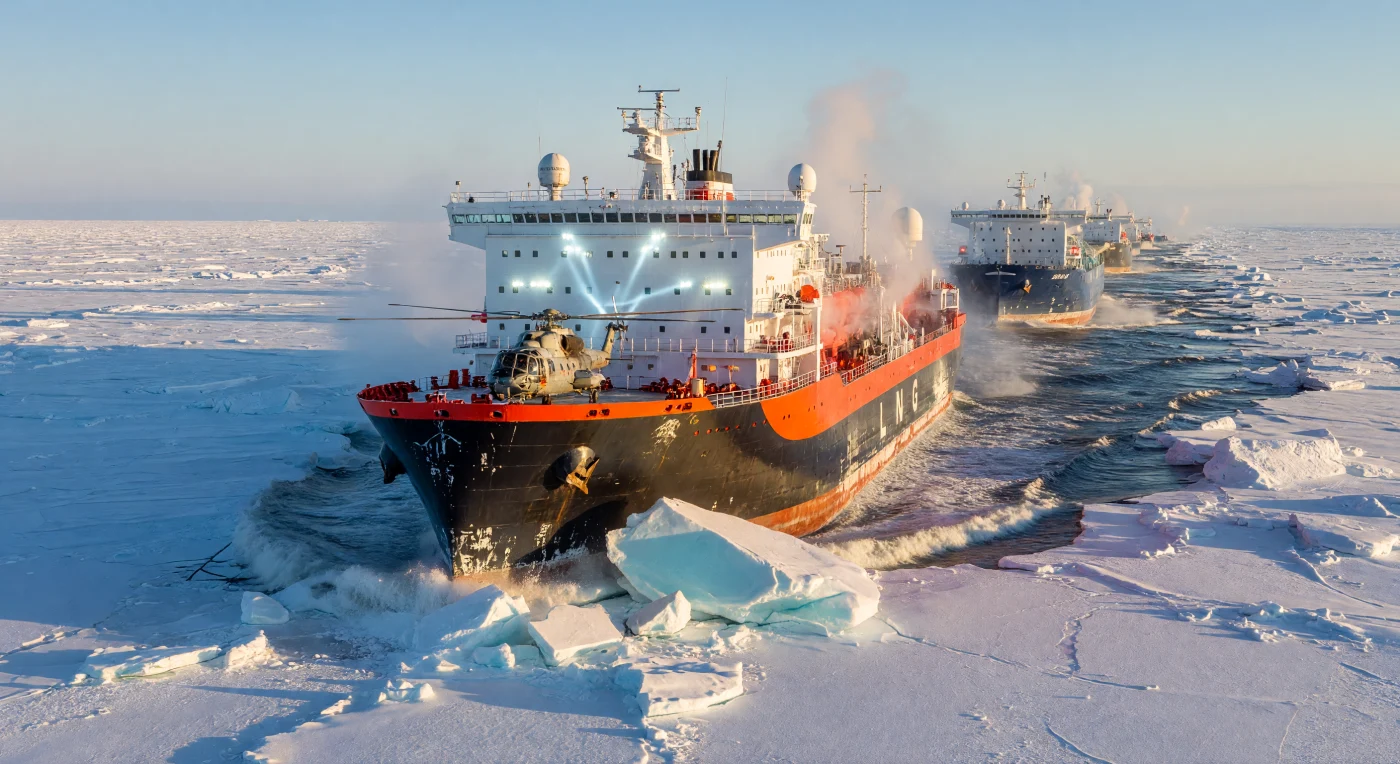 Un maestoso rompighiaccio nucleare di classe Arktika, caratterizzato da un vivace scafo arancione e nero, frantuma con forza la spessa banchisa del Mare di Okhotsk per guidare un convoglio di navi cisterna cariche di gas naturale liquefatto. Vero prodigio dell'ingegneria russa del XXI secolo, questo vascello del Progetto 22220 integra sistemi di navigazione satellitare e propulsione nucleare per dominare la Rotta del Mare del Nord durante l'Era Digitale. La scena illustra l'imponente scala industriale dell'estrazione di risorse in Asia settentrionale, dove l'avanguardia tecnologica sfida la natura selvaggia e isolata dei ghiacci artici.