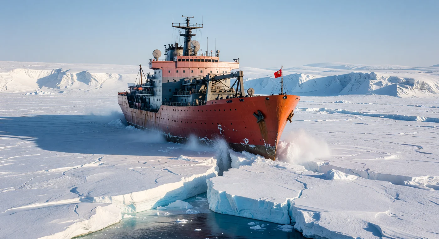 La maestosa sagoma arancione della rompighiaccio nucleare sovietica *Arktika* solca le acque gelide dell'Oceano Artico nel 1975, frantumando una banchisa spessa tre metri in enormi blocchi cristallini dalle sfumature turchesi. Questa nave da 23.000 tonnellate, simbolo del progresso tecnologico dell'era sovietica e della sfida umana contro i ghiacci perenni, aprì la strada alla navigazione commerciale lungo la strategica Rotta Polare Nord. L'immagine cattura l'essenza dell'esplorazione polare durante la Guerra Fredda, dove l'energia atomica e la robusta ingegneria analogica permettevano di dominare la natura più estrema sotto la luce perenne del sole di mezzanotte.