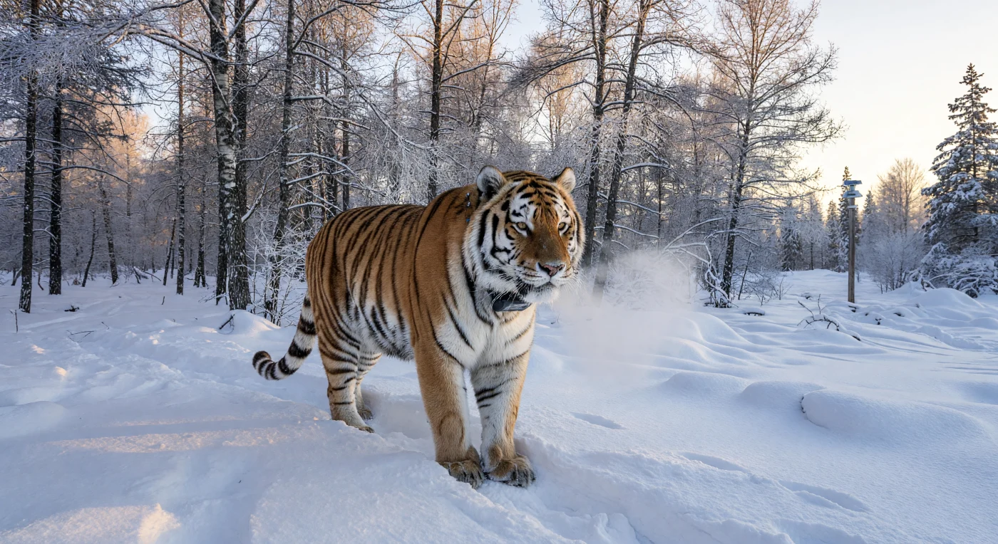 厳寒のロシア極東プリモルスキー地方にて、深い雪をかき分け進むアムールトラの姿です。首元に装着されたGPSカラーは、21世紀のデジタル技術を用いた野生動物保護の最前線を象徴しており、絶滅の危機に瀕する王者の生態を精密に守っています。シラカバの林に夕日が差し込むこの光景は、太古から続く大自然の営みと現代の環境モニタリングが交差する、デジタル時代におけるタイガの今を描き出しています。