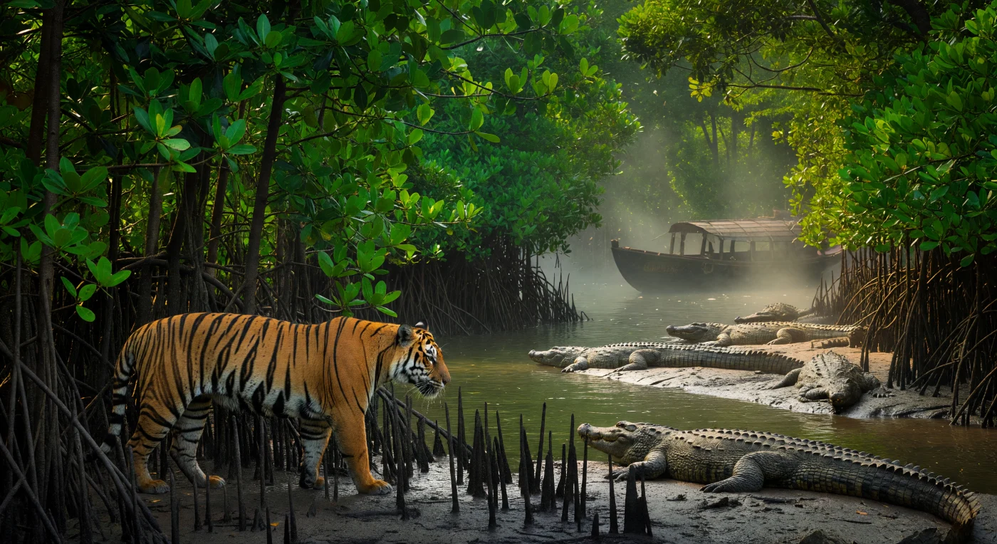 A Royal Bengal tiger maneuvers through the dense pneumatophores of the Sundarbans, the world's largest mangrove forest, while estuarine crocodiles bask on the silty banks of a tidal creek. During the 1930s, this labyrinthine delta served as a treacherous yet vital frontier of the British Raj, where traditional wooden *masula* boats navigated the brackish waterways for regional trade. The scene illustrates the intersection of South Asia’s unique biodiversity and its riverine maritime heritage during the interwar period, capturing the primeval landscape of the Bengal Presidency.