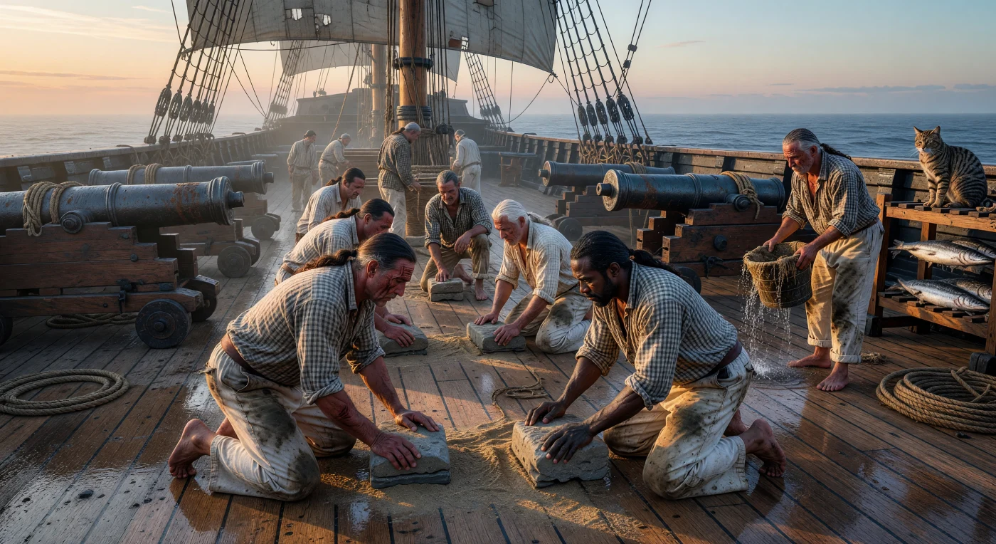 At the first light of dawn, sailors aboard a mid-18th-century British frigate perform the "holystoning" ritual, a grueling daily task of scrubbing the white oak decks with sandstone blocks and seawater. This scene illustrates the diverse "motley crew" typical of the Royal Navy during the Age of Sail, featuring mariners of European and African descent working side-by-side in salt-stained canvas trousers and greased pigtails. The practice served both to bleach the timber and to maintain the rigid discipline required to manage the massive wooden warships that secured global maritime empires.