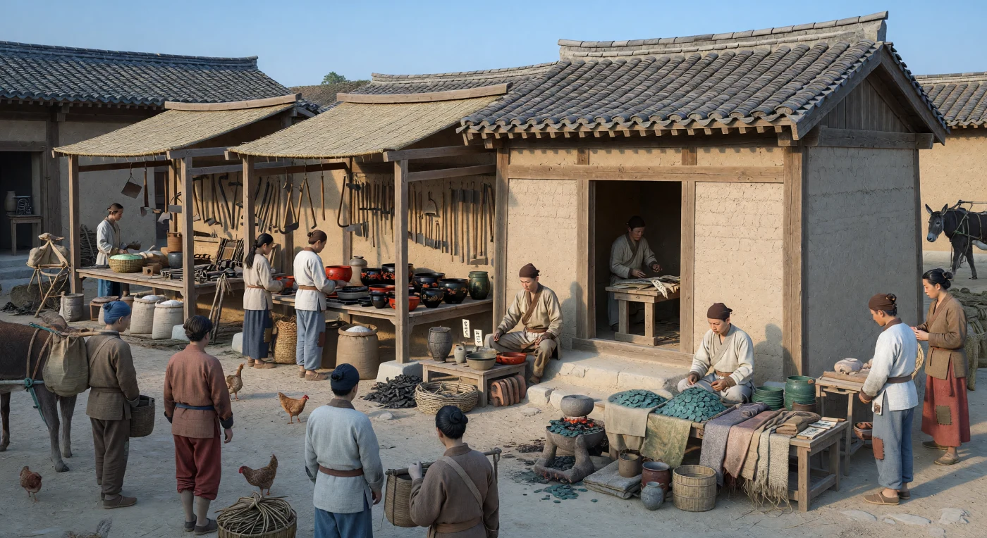 Num bairro de mercado da dinastia Han Ocidental, mercadores, artesãos e carregadores movem-se entre bancas de madeira cobertas por toldos simples, negociando ferramentas de ferro, sal, recipientes laqueados e cordões de moedas de bronze wu zhu. Junto de um modesto escritório administrativo, escribas e oficiais supervisionam moldes, balanças e lotes de moedas recém-fundidas, revelando como o Estado Han controlava tanto o comércio urbano como a padronização da moeda. A cena mostra uma China do século II a.C. já fortemente integrada por impostos, fiscalização e circulação monetária, onde bens do quotidiano e produtos de maior prestígio conviviam nas ruas de uma cidade murada.