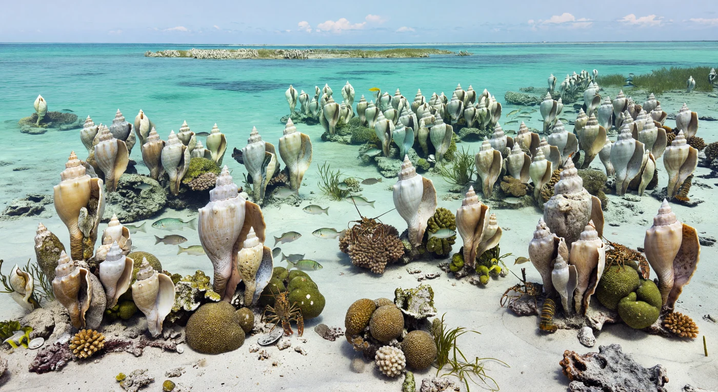 In deze warme, ondiepe lagune van de zuidelijke Tethysoceaan, nabij het Laat-Krijtse Madagaskar of India, rijzen dichte velden van rudisten zoals Hippurites en Radiolites tot bijna 1 meter hoog op uit het witte carbonaatzand, met daartussen lage kolonies van de koralen Actinastrea en Thamnasteria. Tussen de kalkschelpen schieten kleine beenvissen voorbij en kruipen roodbruine Mecochirus-kreeften over het rifachtige landschap. Ongeveer 100 tot 66 miljoen jaar geleden vormden deze merkwaardige tweekleppigen, niet moderne koralen, de belangrijkste rifbouwers op tropische carbonaatplatforms in een broeikaswereld met heldere, warme zeeën.