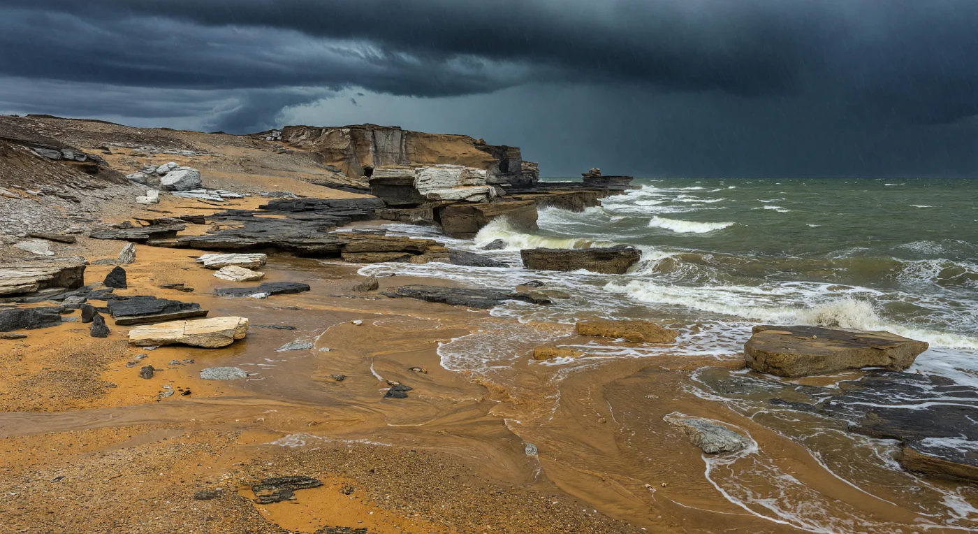 Sous un ciel d’orage presque noir, une côte cambrienne entièrement nue s’étire entre des dalles de schiste noir, des bancs de mudstone gris sombre et des escarpements de calcaire pâle, tandis que des torrents boueux chargés de limon se jettent dans une mer vert gris battue par les vagues. Nous sommes au Cambrien tardif, il y a environ 500 à 490 millions d’années, sur la marge tempérée de Laurentia, bien avant les plantes terrestres et les animaux du continent: seules quelques mues de trilobites, de petits brachiopodes et de discrètes éponges côtières rappellent la vie dans ce paysage minéral. Les fines couches de cendres volcaniques visibles dans les falaises témoignent d’un monde ancien, instable et étrangement dépouillé, où les tempêtes sculptaient déjà les rivages d’une Terre presque méconnaissable.