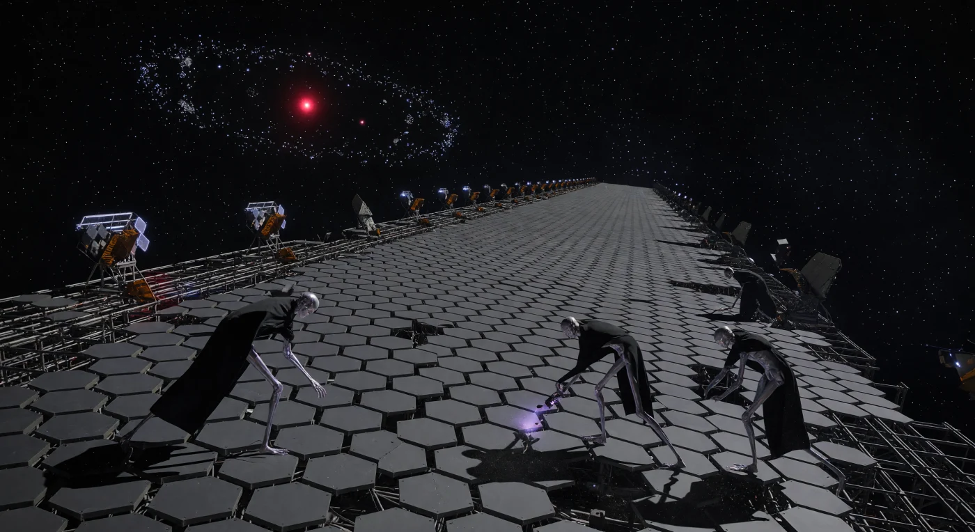 Durante l'Era Galattica (5000–20.000 d.C.), il "Grande Oscuramento" segnò il tentativo della civiltà post-biologica di sfuggire a predatori interstellari occultando le proprie emissioni energetiche. Qui, tre insorti della stirpe Void-Born (Lito-Sintetici) smantellano un mastodontico trasmettitore a microonde sulla superficie di un asteroide di nichel-ferro, utilizzando strumenti a disintegrazione molecolare che riducono i moduli ceramici in polvere atomica. Avvolti in manti stealth per assorbire le radiazioni, questi esseri adattati al vuoto lavorano sotto la luce spettrale di una nana rossa, cercando di cancellare ogni traccia tecnologica per garantire la sopravvivenza della loro specie nel silenzio del vuoto.