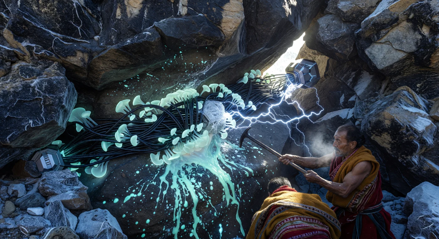 À l’apogée de l’Aube Augmentée (v. 2050-2100), les hauteurs de l’Himalaya furent le site de confrontations idéologiques majeures entre l’Alliance du Sud et les dissidents de la Faction du Silence. Cette scène illustre deux « Naturels » en habits de laine de yak traditionnelle sabotant la Grille Mycélienne, un réseau de distribution d’énergie bio-synthétique alliant nanotubes de carbone et champignons bioluminescents. L’impact d’un levier en fer sur les fibres supraconductrices libère un fluide énergétique pulsant, témoignant de la résistance physique d'une humanité non augmentée face à l'omniprésence des infrastructures de fusion proton-bore intégrées à la roche.