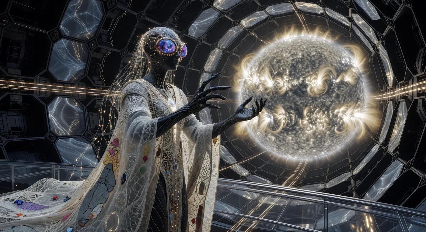 Un sacerdote de la Comunión Solar, exponente de la humanidad post-biológica durante el periodo de El Horizonte (aprox. 100,000 – 1,000,000 d.C.), observa el pulso del Sol desde una plataforma en una Esfera de Dyson. Su cuerpo de obsidiana y "Simetría Aureliana" viste un encaje biológico que preserva fragmentos de hormigón y microplásticos del siglo XXI, restos fósiles del Antropoceno venerados como joyas sagradas. Esta integración de detritos industriales y biotecnología avanzada ejemplifica la Consolidación Trans-Material, una época donde la distinción entre biología y tecnología se ha disuelto, dejando solo el rastro melancólico de los orígenes terrestres en un cosmos dominado por la ingeniería estelar.