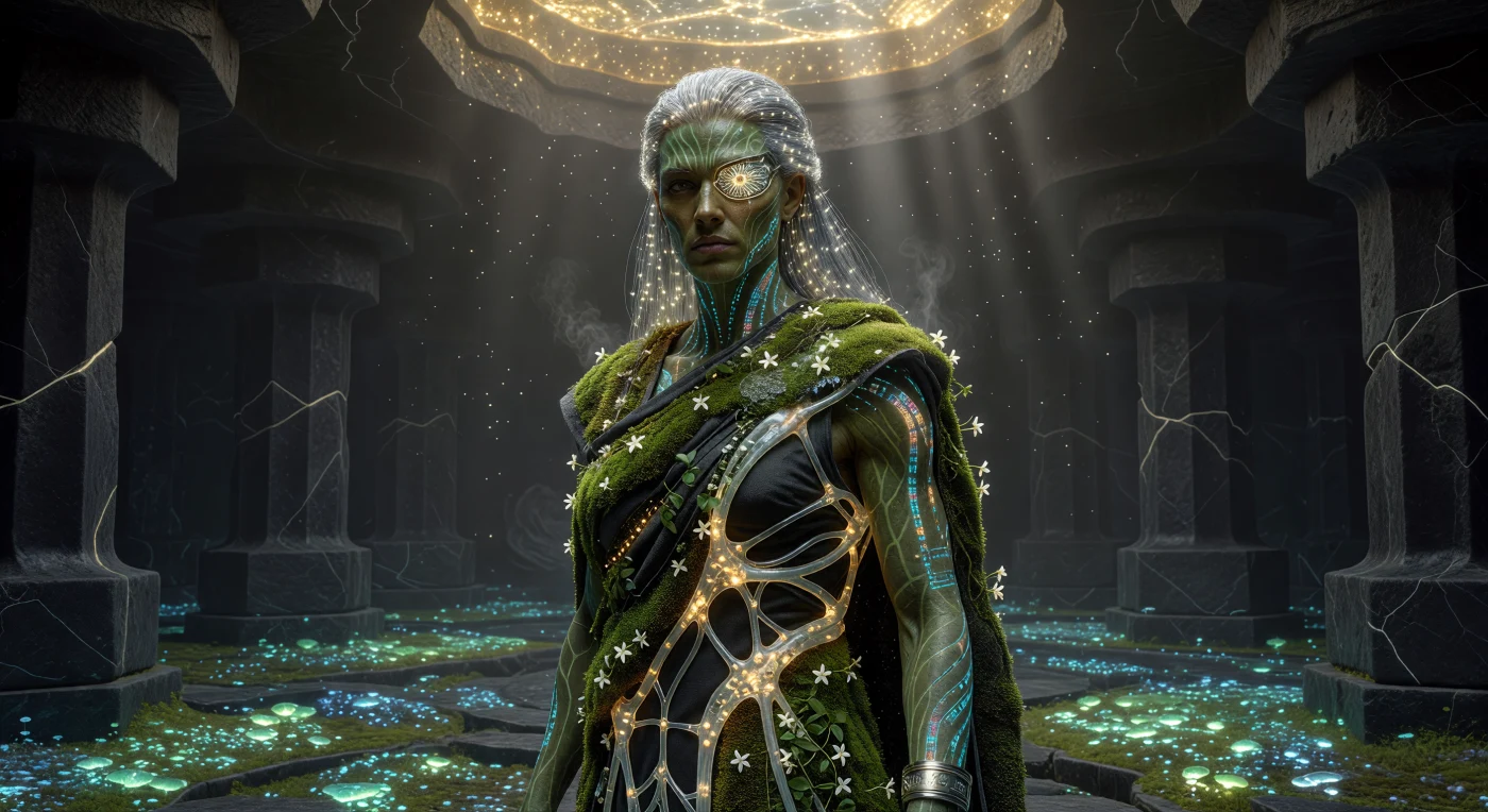 Nesta representação da Alvorada Aumentada (cerca de 2075), um Sacerdote da Conexão Gaia é retratado em um santuário de basalto hexagonal, vestindo trajes vivos de jasmim-estrela e musgo-veludo integrados a um sistema circulatório artificial de nutrientes. O espécime exibe modificações biotecnológicas típicas do final do século XXI, como pele fotossintética de tom esmeralda e cabelos de fibra óptica, refletindo a transição evolutiva para o pós-humano. Esta cena ilustra um marco na cronologia terrestre onde a engenharia de tecidos de "Micosseda" e o Grande Algoritmo fundiram a ecologia orgânica com a infraestrutura digital, transformando a biosfera em um sistema senciente e integrado.