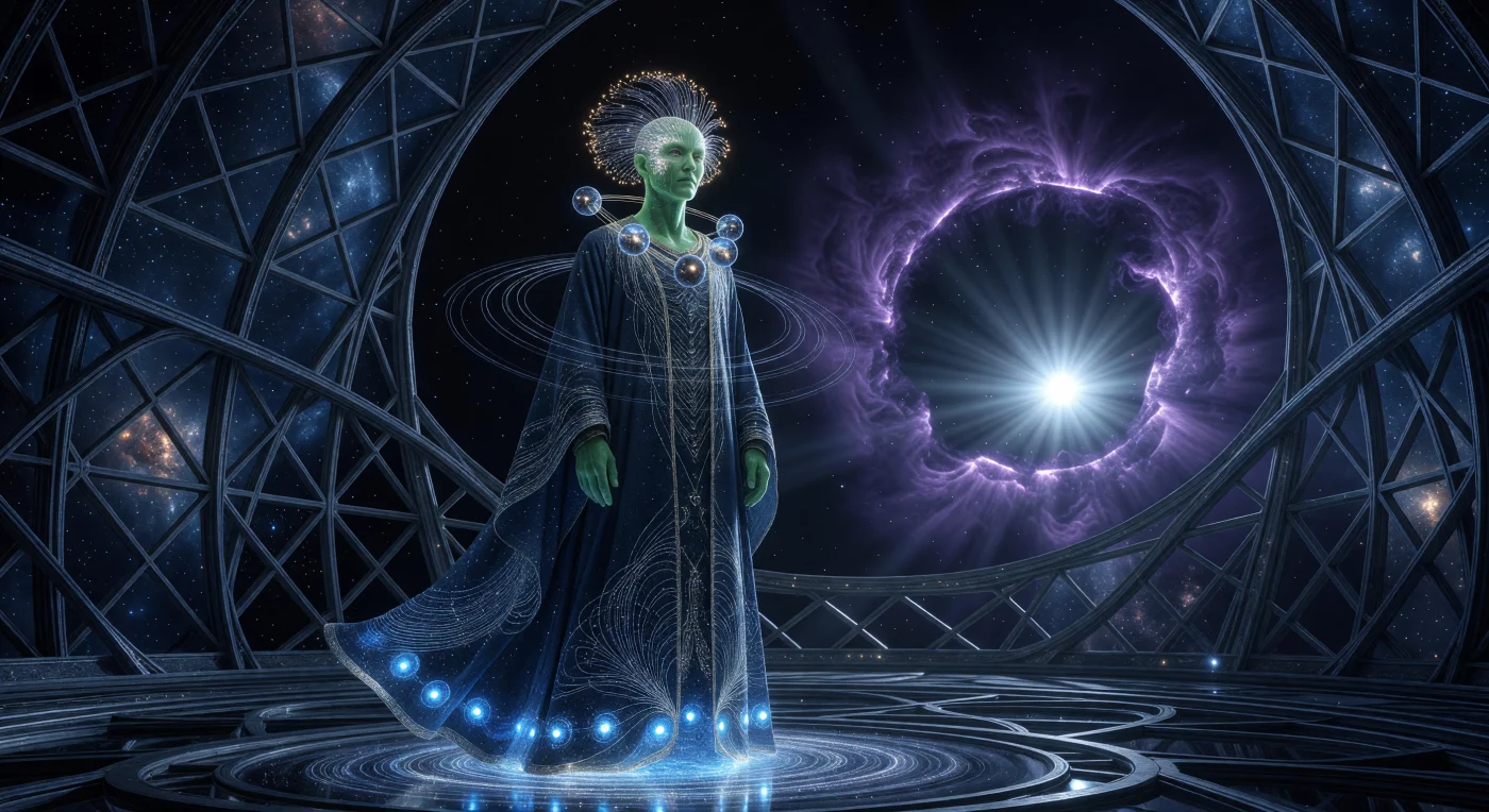 Un sacerdote de los "Entropy-Holders", un post-humano de la categoría "Baseline Plus", permanece en meditación dentro de una catedral de diamante que orbita una enana blanca durante la era de la Madurez Cósmica (20.000 - 100.000 d.C.). Su túnica de "Fibra de Neutrones" posee una masa tan extrema que genera un efecto de lente gravitacional, curvando la luz estelar a su alrededor mientras es estabilizada por anillos antigravitatorios de color cerúleo. Esta figura, con su piel de jade y sensores de "bigotes de luz", personifica la estética de lo "Asimétrico Sublime", marcando un hito evolutivo donde la tecnología y la espiritualidad convergen para manipular las fuerzas fundamentales del universo.