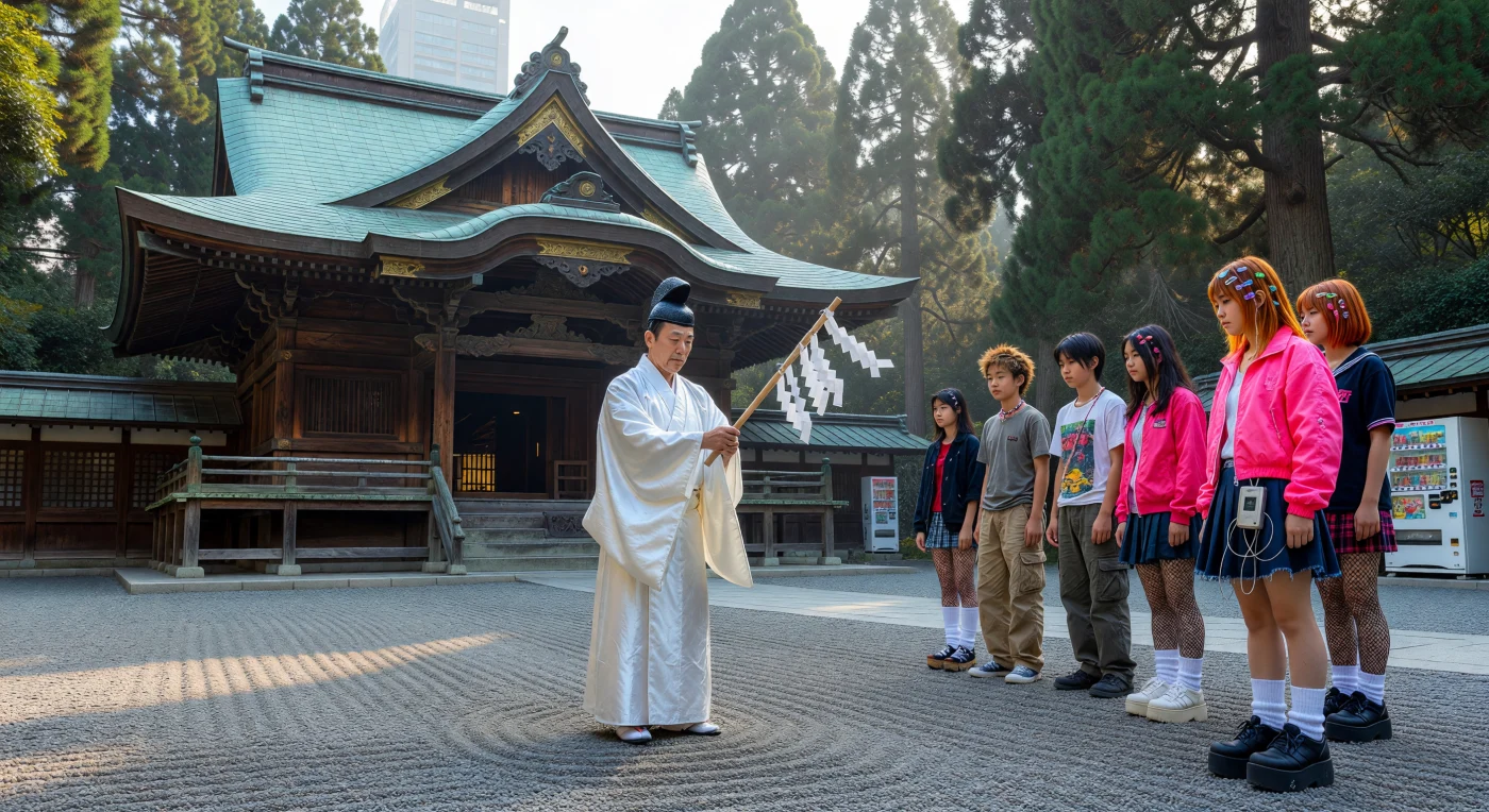 Un sacerdote shintoista, ataviado con túnicas de seda blanca y un sombrero *eboshi*, realiza un rito de purificación en un santuario de la era Meiji mientras adolescentes con la moda urbana de Harajuku de los años 90 observan la ceremonia. Esta escena ilustra la fascinante convivencia entre las tradiciones milenarias y la vibrante cultura juvenil del Japón contemporáneo, caracterizada por el uso de zapatos de plataforma y colores neón. La presencia de cedros centenarios junto a la silueta de la metrópolis moderna refleja la identidad dual de una nación que preserva su espiritualidad ancestral en medio de un acelerado desarrollo tecnológico.
