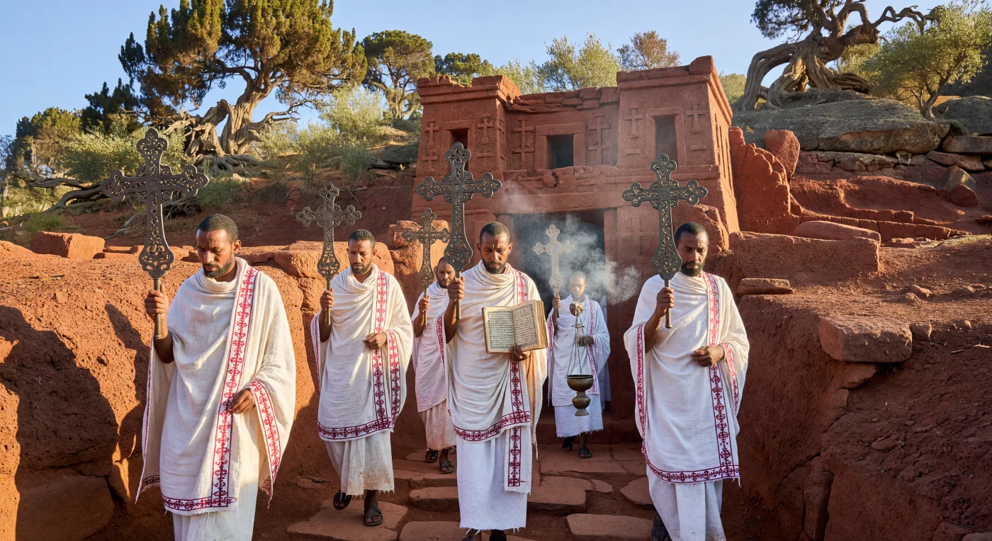 Sacerdotes habesha, ataviados con mantos de lino blanco con bordados carmesí, emergen de una iglesia monolítica tallada directamente en la roca volcánica roja de Lalibela durante el siglo XV. Bajo el sol de las tierras altas etíopes, los clérigos sostienen cruces procesionales de bronce con intrincados diseños geométricos, símbolos del esplendor religioso y político de la dinastía salomónica. Esta solemne procesión, acompañada por el aroma del incienso y el uso de antiguos manuscritos en ge'ez, ilustra la vibrante e ininterrumpida tradición cristiana que floreció en el Cuerno de África durante la Baja Edad Media.