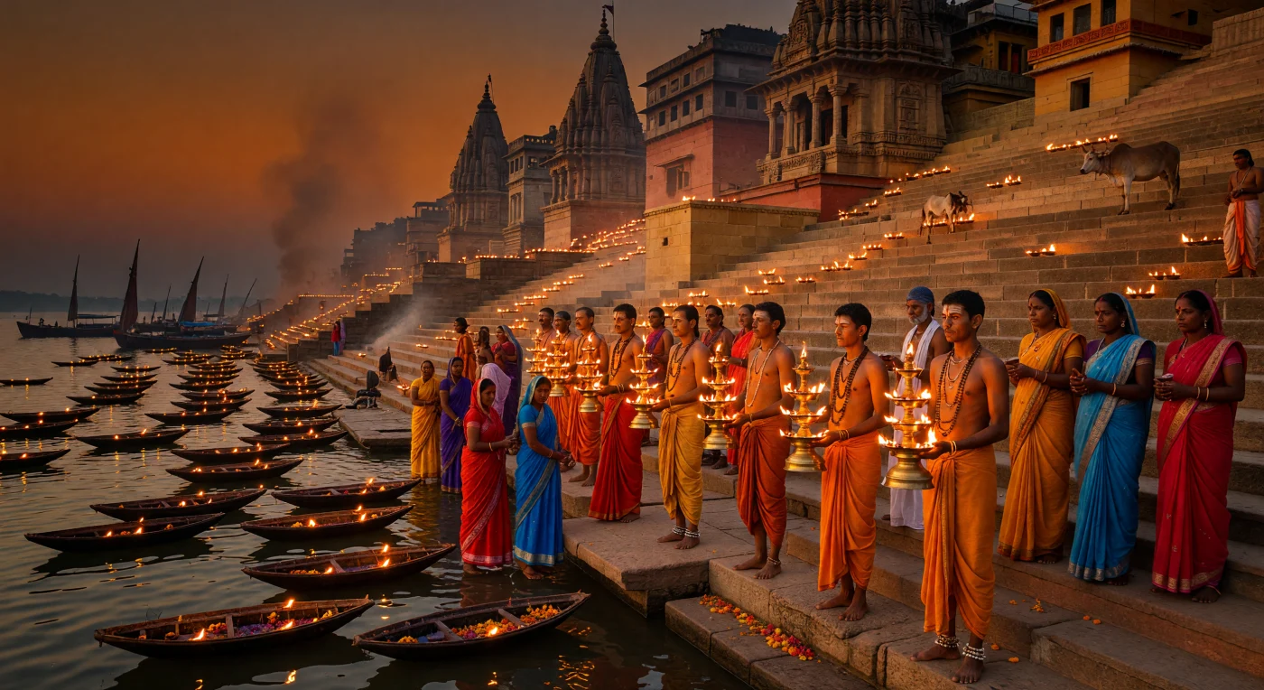 En esta evocadora escena de finales del siglo XVII, sacerdotes hindúes realizan el ritual del Aarti al anochecer sobre los antiguos ghats de Varanasi, alzando pesadas lámparas de latón mientras cientos de pequeñas ofrendas de luz flotan sobre las oscuras aguas del Ganges. La atmósfera está impregnada de humo de sándalo e incienso, iluminando los templos de arenisca roja y las vestimentas de algodón teñidas con pigmentos naturales como el azafrán y el índigo. Este rito ancestral de fuego y devoción refleja la profunda continuidad espiritual y la sofisticación cultural de la India durante el periodo de transición del Imperio Mogol.
