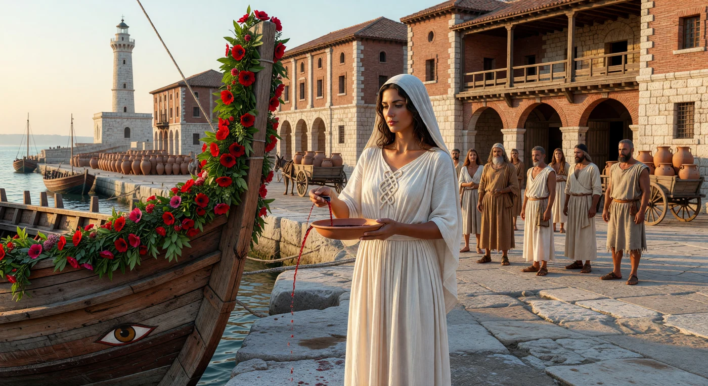 En el amanecer dorado de un puerto romano del siglo IV, una sacerdotisa de Isis Pelagia derrama solemnemente una libación de vino sobre la proa de una *corbita* mercante ricamente adornada con guirnaldas de anémonas. Esta ceremonia de lustración marcaba el fin del *mare clausum* o mar cerrado, bendiciendo el primer viaje de la primavera para asegurar una travesía próspera a través de las rutas comerciales del Imperio. Al fondo, la monumental arquitectura de Portus, con sus almacenes de ladrillo y su lejano faro de piedra, refleja la cúspide de la ingeniería marítima de la Antigüedad Tardía.