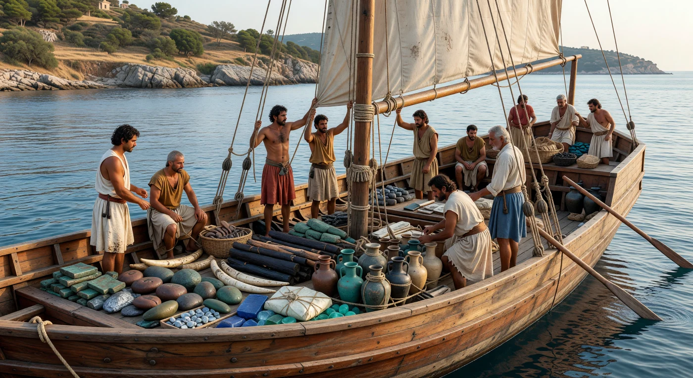 잔잔한 지중해 바다를 무겁게 가르며 나아가는 이 후기 청동기 시대 상선의 갑판에는 산화된 구리 옥스하이드 잉곳, 주석괴, 흑단 목재, 상아, 푸른 유리 덩어리, 봉인된 가나안식 운반 항아리가 빽빽하게 실려 있고, 선원들은 네모돛과 밧줄을 손보며 항해를 이어간다. 이 배는 오늘날 터키 카쉬 근처 울루부룬 난파선으로 알려진 기원전 14세기 선박을 바탕으로 한 복원으로, 키프로스·레반트·이집트·아나톨리아·에게해를 잇는 국제 교역망의 생생한 증거다. 삼나무 판재를 장부맞춤으로 이어 만든 선체와 청동기 시대 재료들만으로 꾸려진 이 장면은, 바다가 이미 여러 문명을 연결하는 거대한 교역로였음을 보여준다.