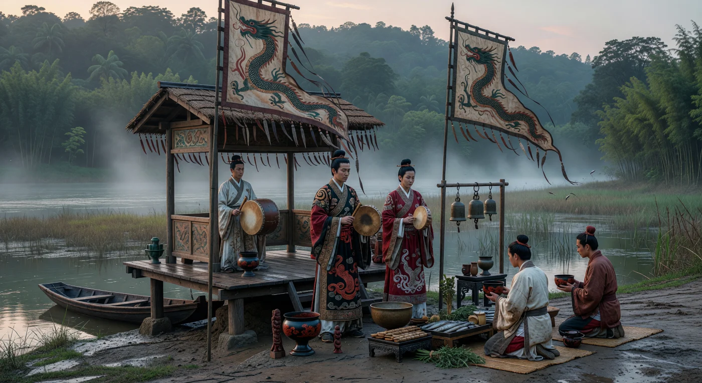On a mist-shrouded bank of the middle Yangzi, ritual specialists of the state of Chu present lacquered cups, drums, and food offerings before a raised wooden shrine hung with silk streamers and serpent-dragon banners. This scene reflects the distinctive religious culture of late Warring States Chu in the 4th–3rd centuries BC, a southern realm famed for its rich lacquerware, riverine landscapes, and shamanic traditions later echoed in the poetry of the Chu Ci. The humid wetlands, bamboo groves, and Zhou-style robes situate the ceremony within the cosmopolitan yet regionally distinctive world of south-central China before imperial unification.