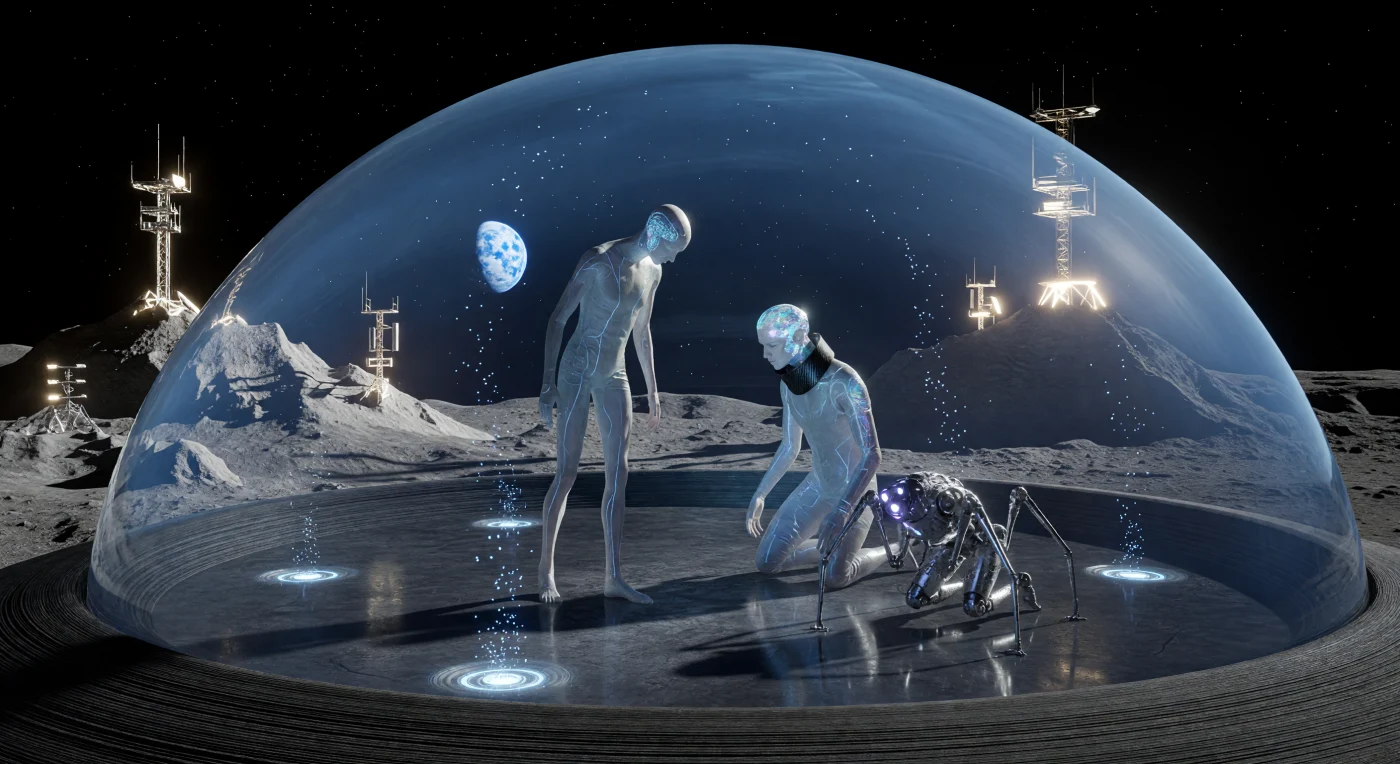 섀클턴 분화구(Shackleton Crater) 가장자리의 투명한 돔 안에서, 인류 진화의 새로운 분기점에 선 거주자들이 지구를 바라보며 침묵의 의례를 치르고 있습니다. 서기 2050년에서 2100년 사이 '증강된 새벽(The Augmented Dawn)' 시기를 기록한 이 장면은 1/6 중력에 적응해 신체가 길어진 '셀레네 태생(Selene-born)' 인류와 신경계가 증강된 기술자, 그리고 비인간형 신체에 의식을 전이한 '할로우드(Hollowed)' 개체 간의 생물학적 분화를 생생하게 보여줍니다. 연마된 현무암 바닥에 반사되는 지구의 푸른 빛은 외계 환경에 정착한 신인류가 고향 행성을 향해 느끼는 심오한 경외심과 심연의 정적을 상징적으로 드러냅니다.