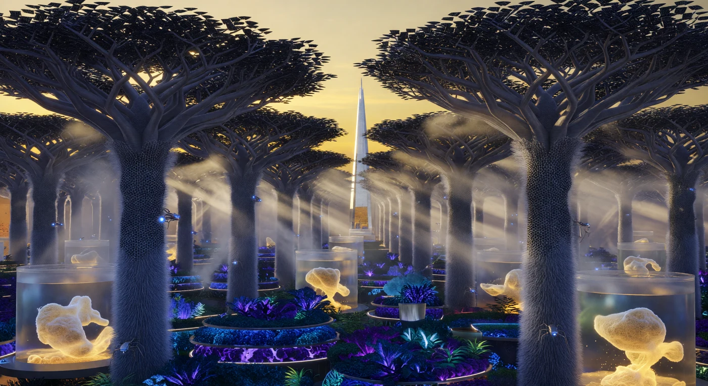 In de late 21e eeuw (2050–2100), gedurende de 'Augmented Dawn', transformeren monumentale 'Solar Trees' van koolstof-nanotube-hemcrete de Sahara in een technologische oase waar Vantablack-bladeren bijna al het verzengende zonlicht absorberen voor energieopwekking. Onder dit geometrische bladerdak gedijt een door de mens ontworpen ecosysteem van dieppaarse boerenkool en bioluminescente varens, die in een koel schemerlicht worden verzorgd door atmosferische mistoogsters en autonome 'Spider-Bots'. Deze symbiotische architectuur, aangevuld met gloeiende vaten voor kweekproteïnen, markeert een cruciaal geologisch moment waarin de mensheid de woestijn herdefinieerde als een koolstofnegatieve kathedraal van leven.