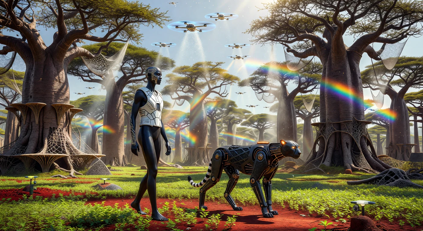 In the mid-21st century era known as The Threshold (c. 2050), gene-optimized Guardians and robotic Bio-Sentinels patrol the technologically-augmented forests of the Sahel. This scene depicts a reforested landscape where ancient Baobab trees are supported by 3D-printed nutrient scaffolds and a vibrant groundcover of "Super-Fonio," a cereal engineered for high nitrogen fixation. Overhead, ion-propulsion drones disperse silver iodide to stimulate localized rainfall, illustrating the sophisticated terraforming and biological engineering used by the Integrated African Union to stabilize the regional climate.