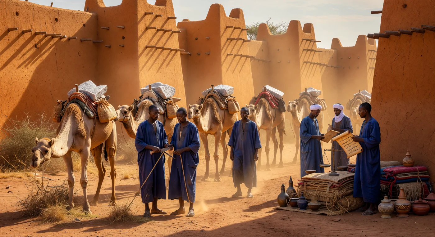 12वीं सदी के साहेल के एक हलचल भरे व्यापारिक केंद्र में, नीले रंग के सूती कपड़ों में सजे सोनिन्के व्यापारी अपने ऊंटों से सहारा के नमक की सिल्लियाँ और सोने की धूल से भरी थैलियाँ उतार रहे हैं। पृष्ठभूमि में मिट्टी की ईंटों से बनी विशाल सूडानो-साहेलियन दीवारें और उनमें लगे लकड़ी के खंभे (तोरन) शाम की सुनहरी रोशनी में चमक रहे हैं, जो उस काल की अद्वितीय वास्तुकला को दर्शाते हैं। यह दृश्य ट्रांस-सहारा व्यापार मार्ग के उस स्वर्ण युग को जीवंत करता है जिसने घाना और माली जैसे पश्चिम अफ्रीकी साम्राज्यों को वैश्विक समृद्धि और सांस्कृतिक आदान-प्रदान का केंद्र बना दिया था।