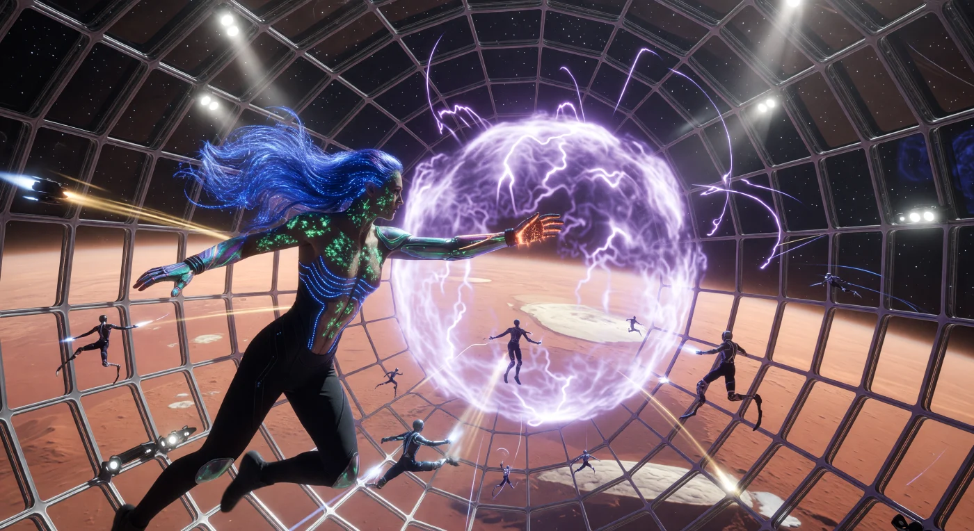 21世紀後半の「拡張された黎明（2050年-2100年）」期、テラフォーミング途上の火星軌道上に浮かぶ透明アルミナ製球体内で展開される、高負荷競技「ベクター・ボール」の一場面です。ここに描かれているのは「ハイパー・リンク」と呼ばれる進化したエリート・ポストヒューマンたちで、光合成パッチを備えた緑色の皮膚や、重力を歪めるチタン製の「グラビティ・ミット」など、極限の非対称的身体強化を特徴としています。選手たちはマイコ・シルク（菌糸体絹）のスーツを纏い、光ファイバーの毛髪をなびかせながら、微細なスラスターを駆使して紫色のプラズマ球を追うことで、生物学的な制約を脱した人類の「流動的なシルエット」を体現しています。