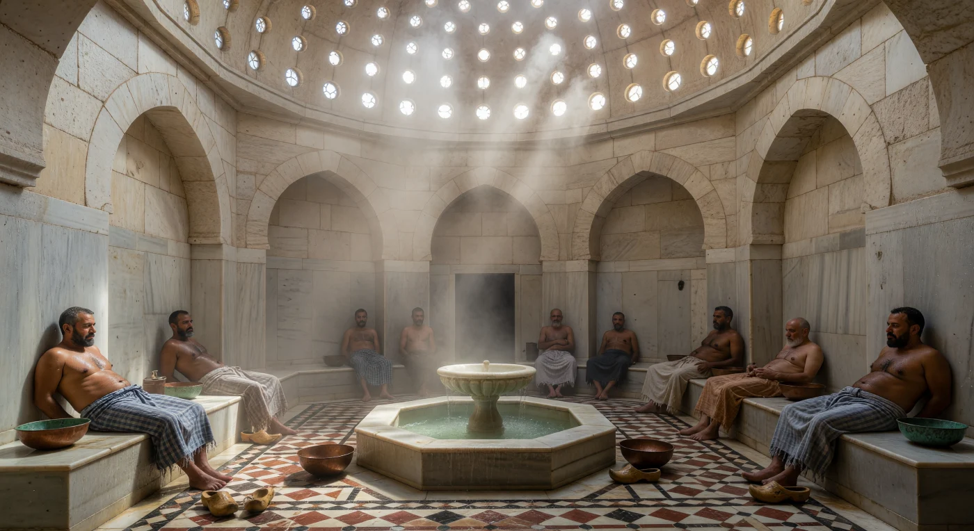 Esta escena recrea el *harara* o sala caliente de un hammam en el Cairo fatimí del siglo XII, donde la luz del sol penetra a través de las claraboyas de vidrio de la cúpula para iluminar una atmósfera densa de vapor y mármol pulido. Los bañistas, ataviados con la tradicional *futa* de algodón a cuadros, descansan cerca de una fuente central en un entorno que fusiona la higiene ritual con la sofisticación arquitectónica del periodo. El uso de materiales nobles y el diseño de ingeniería hidráulica reflejan la importancia de estos espacios como núcleos vitales de socialización y bienestar en la vibrante vida urbana del mundo islámico medieval.