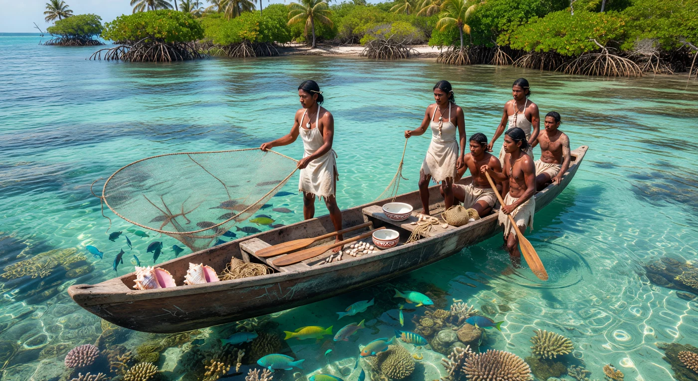 A dugout canoe skims the clear shallows of the eastern Caribbean as Saladoid fishers cast handwoven nets above coral heads and seagrass, with mangroves lining the shore behind them. Their minimal cotton garments, shell ornaments, wooden paddles, and conch shells reflect a pre-Columbian island world shaped by skilled seafaring and reef harvesting. Around 500 BC to 1 AD, Saladoid communities spread through the Lesser Antilles, linking islands through travel, exchange, and finely crafted ceramics while living entirely without Old World metals, animals, or sailing technology.