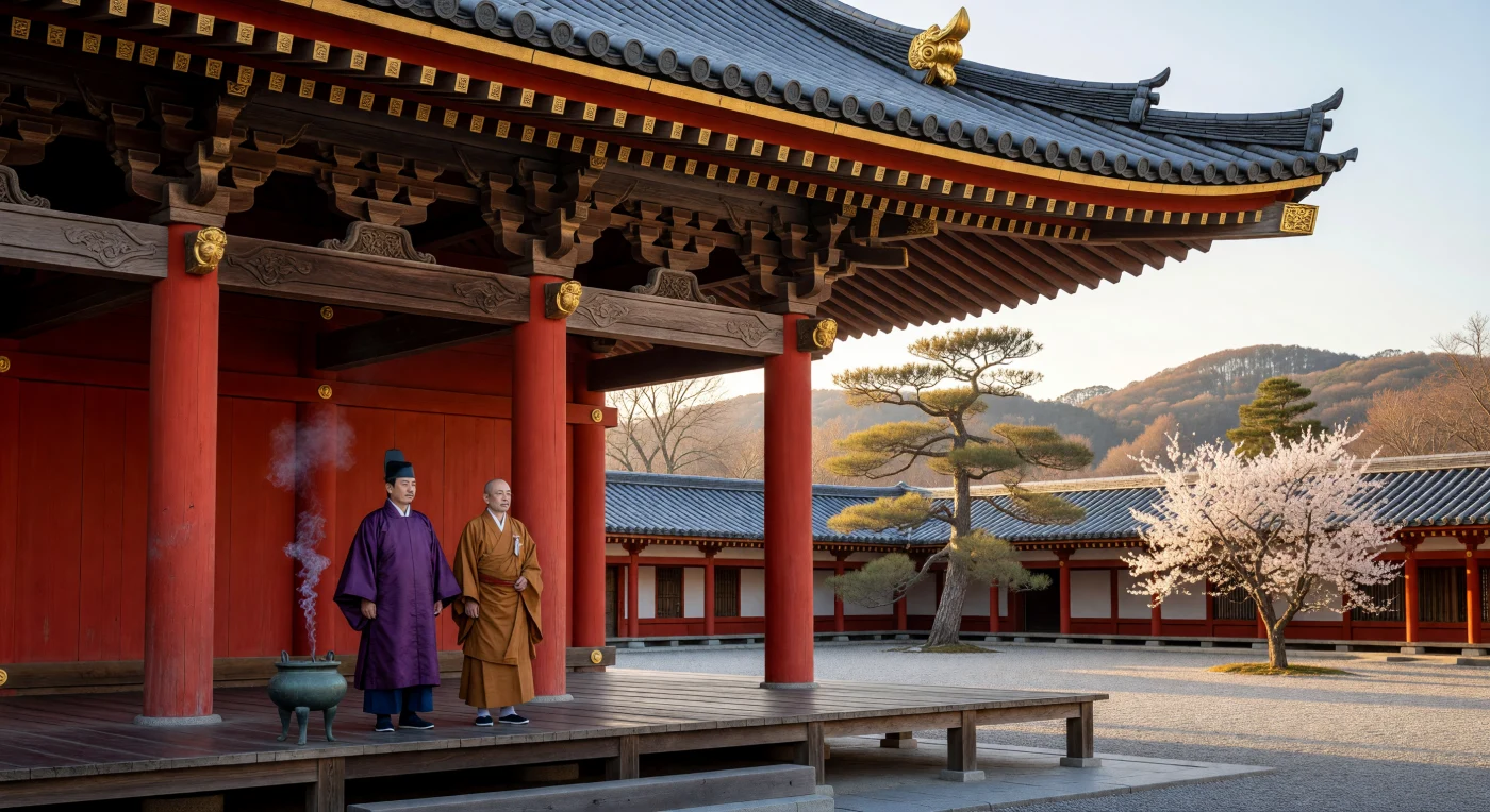 Dans la sérénité d'une matinée du VIIIe siècle à Heijo-kyo, cette vue sous les auvents d'un grand hall bouddhique révèle la complexité du système *Dougong*, une charpente de cèdre imbriquée soutenant de lourdes tuiles grises couronnées d'acrotères dorés en forme de queue de chouette (*shibi*). Sur la plateforme de pierre, un courtisan de haut rang et un moine se côtoient près d'un brûleur d'encens, illustrant l'étroite fusion entre l'élite impériale et le bouddhisme durant la période Nara. Le contraste entre le rouge vermillon des colonnes et la floraison délicate d'un prunier témoigne de l'esthétique raffinée et de l'urbanisme rigoureux de cette capitale japonaise, alors fortement influencée par la splendeur de la dynastie chinoise Tang.
