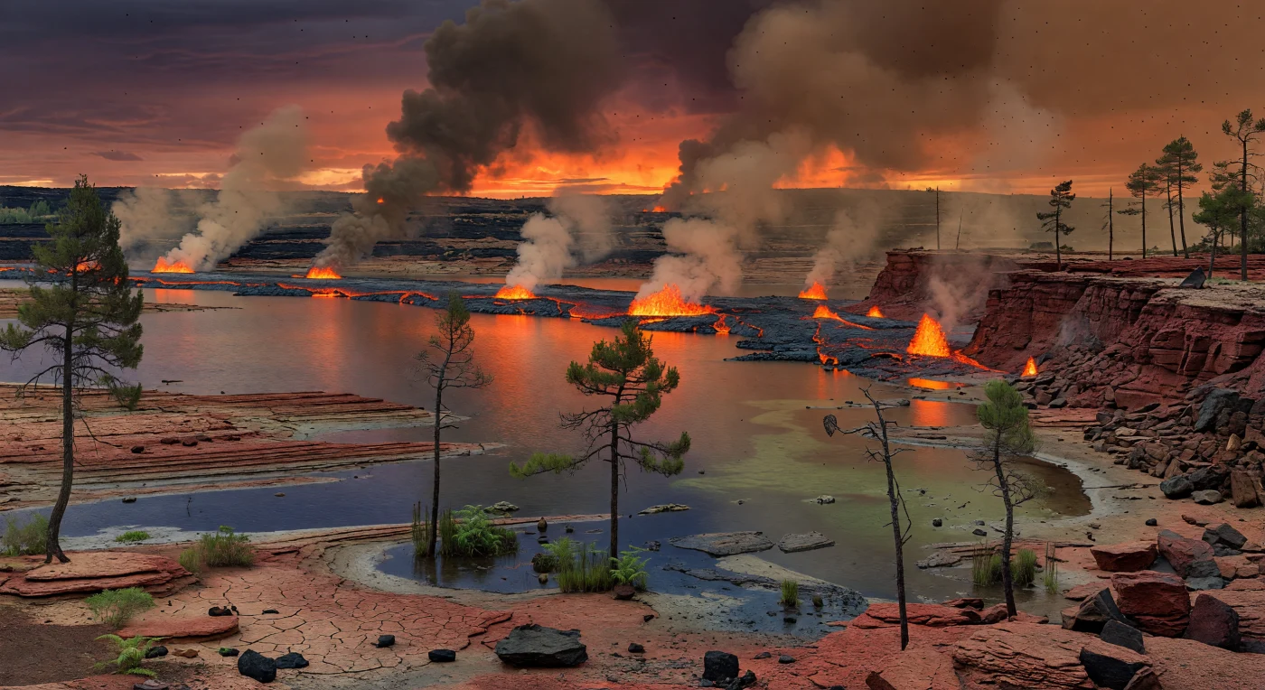 約2億100万年前、三畳紀末のローラシアでは、現在の北米東部にあたるニューアーク型地溝盆地の浅い湖の向こうで、CAMP（中央大西洋マグマ区）の割れ目噴火から黒いソレアイト質玄武岩が赤熱したシート状に流れ出し、赤色の泥岩・シルト岩の湖岸と断層崖を夕焼け色に染めていました。煙と火山灰にかすむ地平線には、まばらなペロウルデア類似のヒロハリスギ科針葉樹が黒い影となって立ち、湿った岸辺にはシダやトクサがわずかに残り、遠景には小型のコエロフィシス類獣脚類やファイトサウルスがこの過酷な環境の尺度として見えます。こうした巨大火成活動は三畳紀末の大量絶滅と深く結びつき、恐竜時代の本格的な幕開けを準備した、地球史の大転換を物語っています。