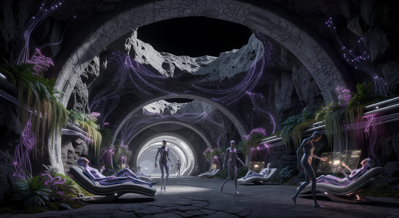 यह दृश्य २८वीं शताब्दी के 'सौर विस्तार' युग के दौरान चंद्रमा के 'शांति के सागर' (Mare Tranquillitatis) में बेसाल्टिक चट्टानों को काटकर बनाए गए एक भव्य 'लिथो-मैनर' को दर्शाता है। ५० मीटर ऊंचे इस विशाल प्रांगण की छतें २० मीटर मोटी प्राकृतिक चट्टानी ढाल से ढकी हैं, जो निवासियों को घातक ब्रह्मांडीय विकिरण से सुरक्षा प्रदान करती थीं। यहाँ कम गुरुत्वाकर्षण के कारण विकसित हुए लंबी और छरहरी काया वाले 'पोस्ट-प्लेनेटरी' मानवों को बैंगनी 'एम्बिएंट-सिंक' प्रकाश और दीवारों पर उगती आनुवंशिक रूप से संशोधित वनस्पतियों के बीच एक उन्नत और पृथक सभ्यता के रूप में देखा जा सकता है।