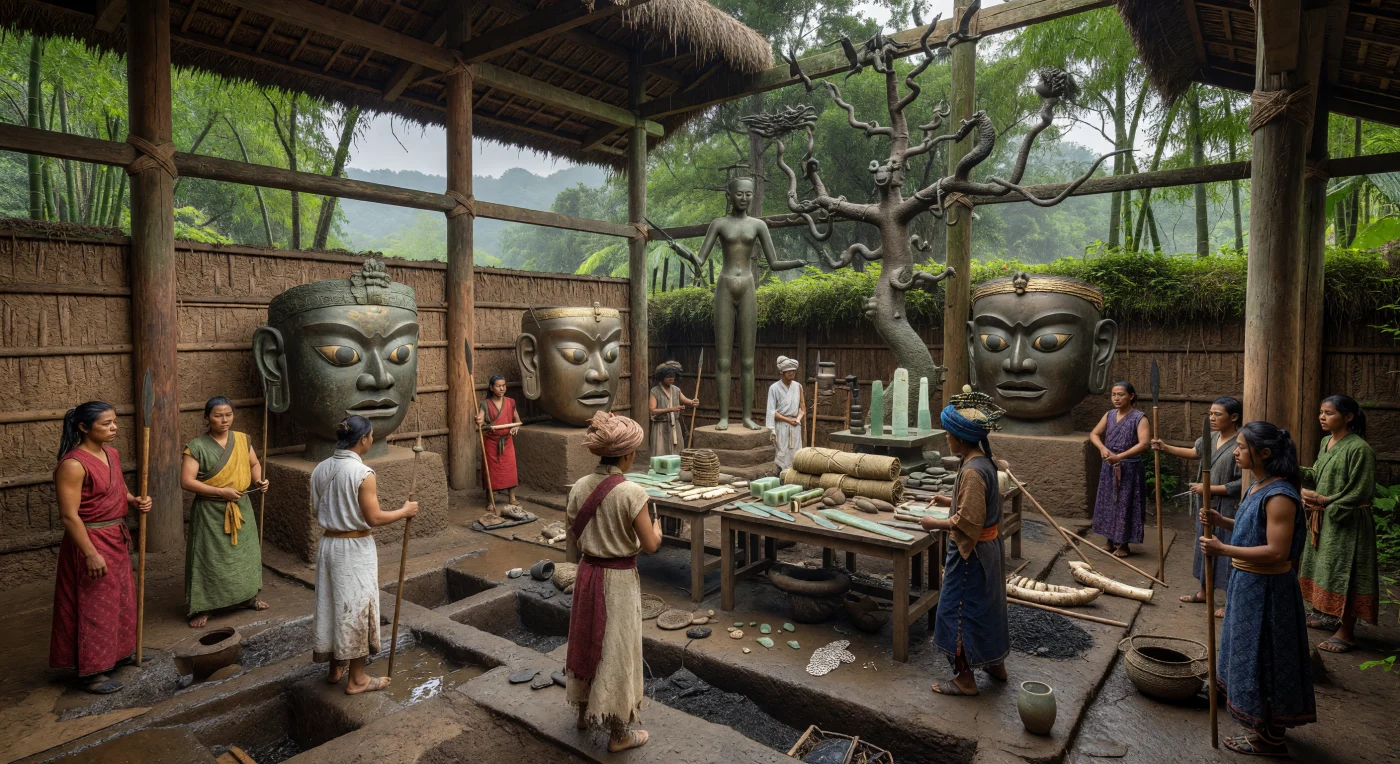 In deze reconstructie ziet u een heilige ceremonieruimte van Sanxingdui in het vochtige Sichuanbekken, waar rituele specialisten in fijn geweven gewaden staan tussen kolossale bronzen maskers met uitpuilende ogen, een hoog mensbeeld en een vertakte heilige bronzen boom. Deze voorwerpen, gedateerd rond de 13e–12e eeuw v.Chr., behoren tot een opvallend eigen traditie die duidelijk verschilt van de bronzen vaten en paleisarchitectuur van de Shang in Noord-China. Jade, ivoor en kaurischelpen op houten standaarden tonen dat de elite van Sanxingdui niet alleen over grote rijkdom beschikte, maar ook verbonden was met verre uitwisselingsnetwerken en een krachtige, raadselachtige religieuze wereld in stand hield.