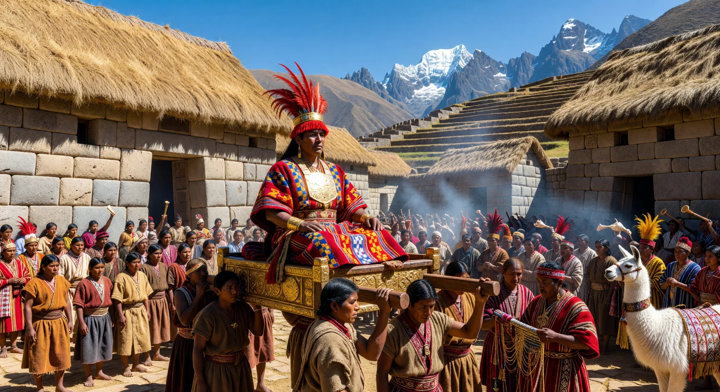 De Sapa Inca, getooid met een massief gouden borstplaat en de koninklijke rode *mascapaicha*, wordt op een rijk versierde houten draagstoel over een drukbezocht plein gedragen te midden van zijn in geometrische wol geklede onderdanen. Op de achtergrond getuigen de monumentale, voegloze muren van andesiet en de besneeuwde toppen van de Andes van de architecturale pracht van het Tawantinsuyu-rijk op zijn hoogtepunt rond 1480. Terwijl de geur van brandend palo santo de lucht vult, illustreert deze ceremoniële processie de rigide sociale orde en de goddelijke status van de keizer in het pre-Columbiaanse Zuid-Amerika.