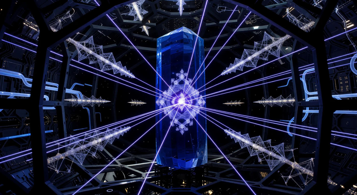 In der Ära der Kosmischen Reife (ca. 20.000–100.000 n. Chr.) dokumentiert diese Szene die „Sol-Archivierung“, bei der ultraviolette Laserstrahlen die mathematischen Wellenfunktionen einer Bach-Fuge in den atomaren Spin eines 50 Meter hohen, praseodym-dotierten Saphirmonolithen einschreiben. Inmitten der gigantischen, vakuumversiegelten Architektur einer Matrioshka-Hülle überwachen die „Betrachter“ – post-biologische, auf Quantengittern basierende Lebensformen – diesen feierlichen Akt der Datenspeicherung. Diese monumentale Ingenieurskunst einer Zivilisation vom Kardaschow-Typ II illustriert den Versuch, das flüchtige Erbe der biologischen Menschheit in der nahezu ewigen Stabilität synthetischer Kristalle für die Tiefenzeit zu verankern.