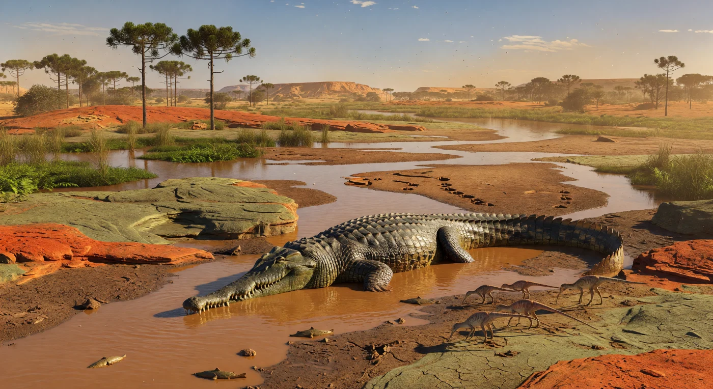 Im warmen Schein eines späten kreidezeitlichen Nachmittags lauert Sarcosuchus imperator, ein etwa 10 Meter langes riesiges Krokodylverwandtes, halb im schrumpfenden Schlammkanal einer saisonalen Überschwemmungsebene des heutigen Niger verborgen, während kleine basale Ornithopoden und Lungenfische vorsichtig ans Wasser treten. Diese Szene stammt aus der Elrhaz-Formation der frühen Kreidezeit, vor rund 125–100 Millionen Jahren (Aptium–Albium), als das äquatoriale Nordafrika von heißen, wechselfeuchten Flusssystemen mit Araukarien, Schachtelhalmen und Farnen geprägt war. Der breit schnauzige Räuber mit seinen schweren Osteodermen war einer der größten Crocodyliformen seiner Zeit und ein Spitzenprädator in einem uralten Ökosystem voller Dinosaurier, Fische und anderer Wasserbewohner.