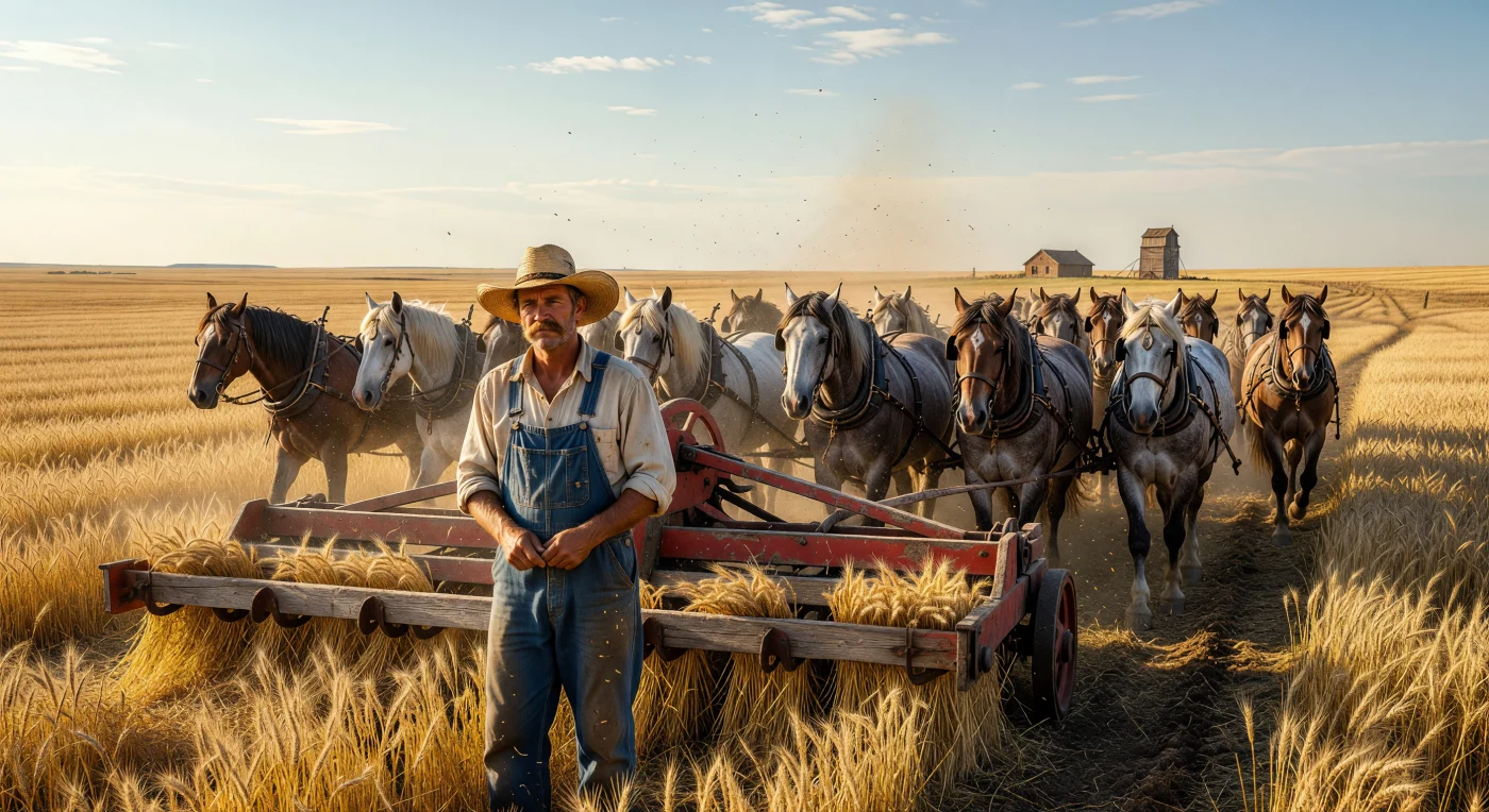 1905 के सास्काचेवान प्रेयरीज़ का यह दृश्य कनाडाई सीमा पर कृषि क्रांति के उस दौर को दर्शाता है, जहाँ एक किसान बारह शक्तिशाली घोड़ों की सहायता से 'रेड फ़ाइफ़' गेहूं की विशाल फसल काट रहा है। धूल और सुनहरे भूसे के बीच चलती यह जटिल लकड़ी की रीपर मशीन उस युग के कठिन शारीरिक श्रम और उभरते यंत्रीकरण के मेल को जीवंत करती है। अनंत क्षितिज के नीचे फैला यह परिदृश्य उत्तरी अमेरिका के पश्चिमी विस्तार और उन प्रवासियों की अटूट दृढ़ता का प्रतीक है जिन्होंने इन विशाल मैदानों को दुनिया का अन्न भंडार बना दिया।