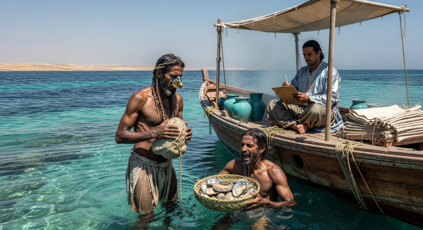 In het heldere turquoise water van de Perzische Golf duiken zongebruinde mannen vanaf een traditionele houten boot naar kostbare oesterschelpen. Ze gebruiken neusklemmen van schildpadschild en zware kalkstenen gewichten om de diepte te bereiken, terwijl een Sassanidische opzichter in verfijnde zijden kleding de vangst nauwgezet registreert op een wastafeltje. Deze gevaarlijke arbeid vormde de basis van de bloeiende luxe-economie in het vierde-eeuwse Perzië, waar parels dienden als een essentieel symbool van status en rijkdom voor de keizerlijke elite.