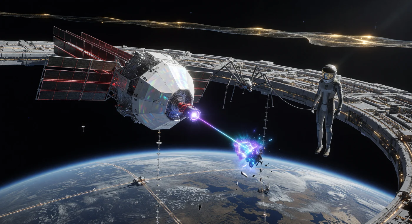 Em meados de 2144 d.C., durante o período conhecido como A Convergência, a órbita terrestre transformou-se em um estrato tecnológico denso onde satélites de limpeza utilizavam lasers ultravioletas para converter detritos antigos em jatos de plasma propulsores. A cena revela a adaptação biológica da linhagem humana, representada por técnicos "Grav-Adaptados" de membros alongados que operavam ao longo do Anel Orbital, uma megaestrutura de escala planetária alimentada por fusão aneutrônica e matrizes solares Helios. Este registro documenta o apogeu de uma civilização de nível 1.2 na escala Kardashev, evidenciando o equilíbrio precário entre a expansão infraestrutural no vácuo e a dissipação térmica necessária para sustentar a vida pós-terrestre.