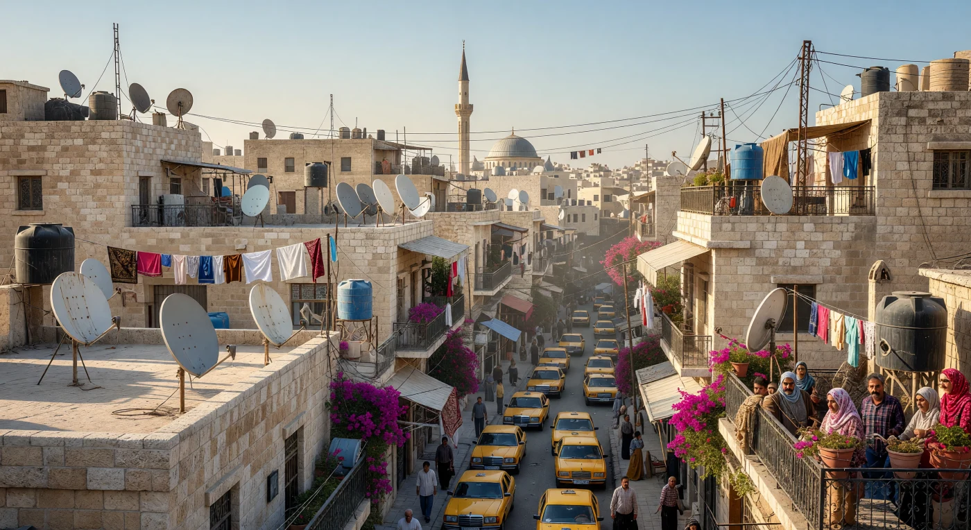 This panoramic view of a Levantine city in the late 1990s captures the dense urban landscape of centers like Amman or Beirut, where traditional limestone architecture met the rapid technological influx of the late 20th century. The proliferation of satellite dishes across sun-baked rooftops illustrates the era's "media revolution," as households sought unprecedented access to international information and entertainment. Below the chaotic web of cables and water tanks, iconic Mercedes-Benz taxis navigate narrow streets, reflecting a society in transition between mid-century infrastructure and the globalized connectivity of the contemporary era.