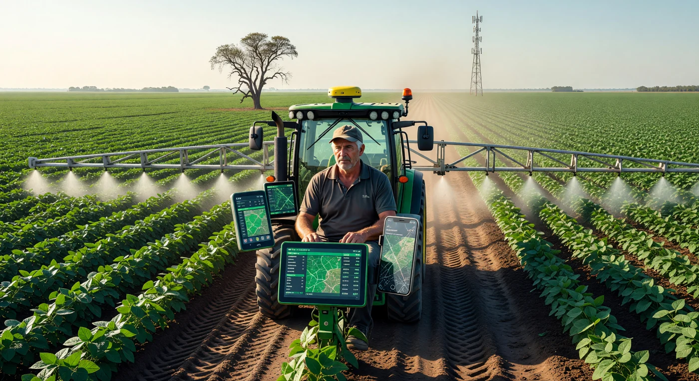A high-tech tractor equipped with satellite navigation traverses the vast, flat expanse of the Argentine Pampas, illustrating the industrial scale of 21st-century "precision agriculture." Inside the climate-controlled cab, a farmer manages complex data streams via touchscreen interfaces, reflecting the Digital Age's integration of global positioning systems and genetically modified monocultures. This scene captures the environmental and technological transformation of South America’s fertile lowlands, where traditional landmarks like the solitary Ombu tree now stand in the shadow of modern cellular towers.