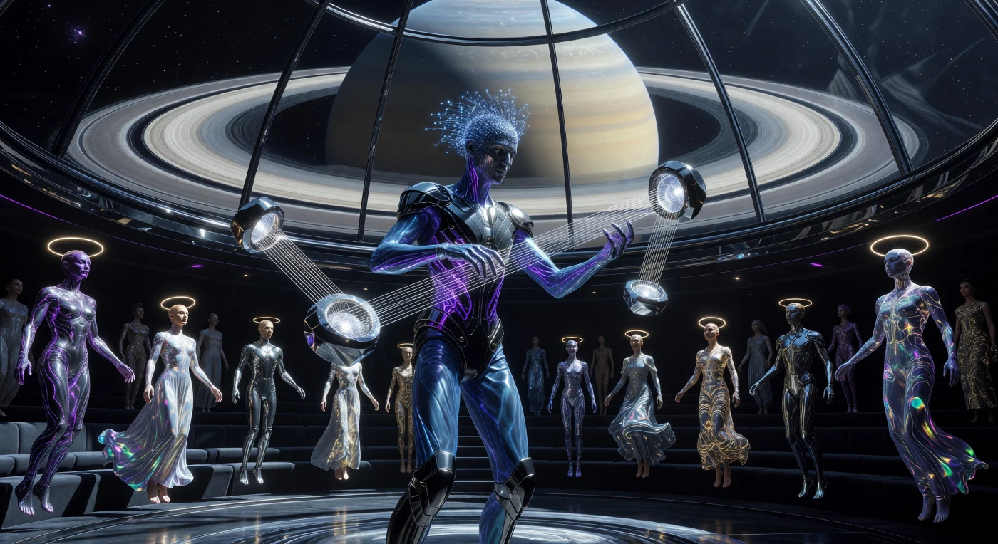 A post-biological musician performs a "Gravitational Harmonics" set within a pressurized obsidian-glass amphitheater orbiting Saturn, manipulating ionized plasma strings suspended by localized gravity wells. Set during the Solar Expansion (2500–3000 CE), this era represents a pinnacle of cultural synthesis where humanity integrated vacuum-hardened technology directly into their biology to thrive across the star system. The performer and audience exhibit the "Solar Ideal"—elongated, low-gravity-adapted physiques featuring sub-dermal iridium plating and bioluminescent "Lume-Veins" that pulse in synchronization with microtonal frequencies. Visible through the dome, the gas giant’s icy rings provide a stark backdrop to the "Skeleton-Chic" fashion and holographic dermal projections that define late 3rd-millennium aesthetics.