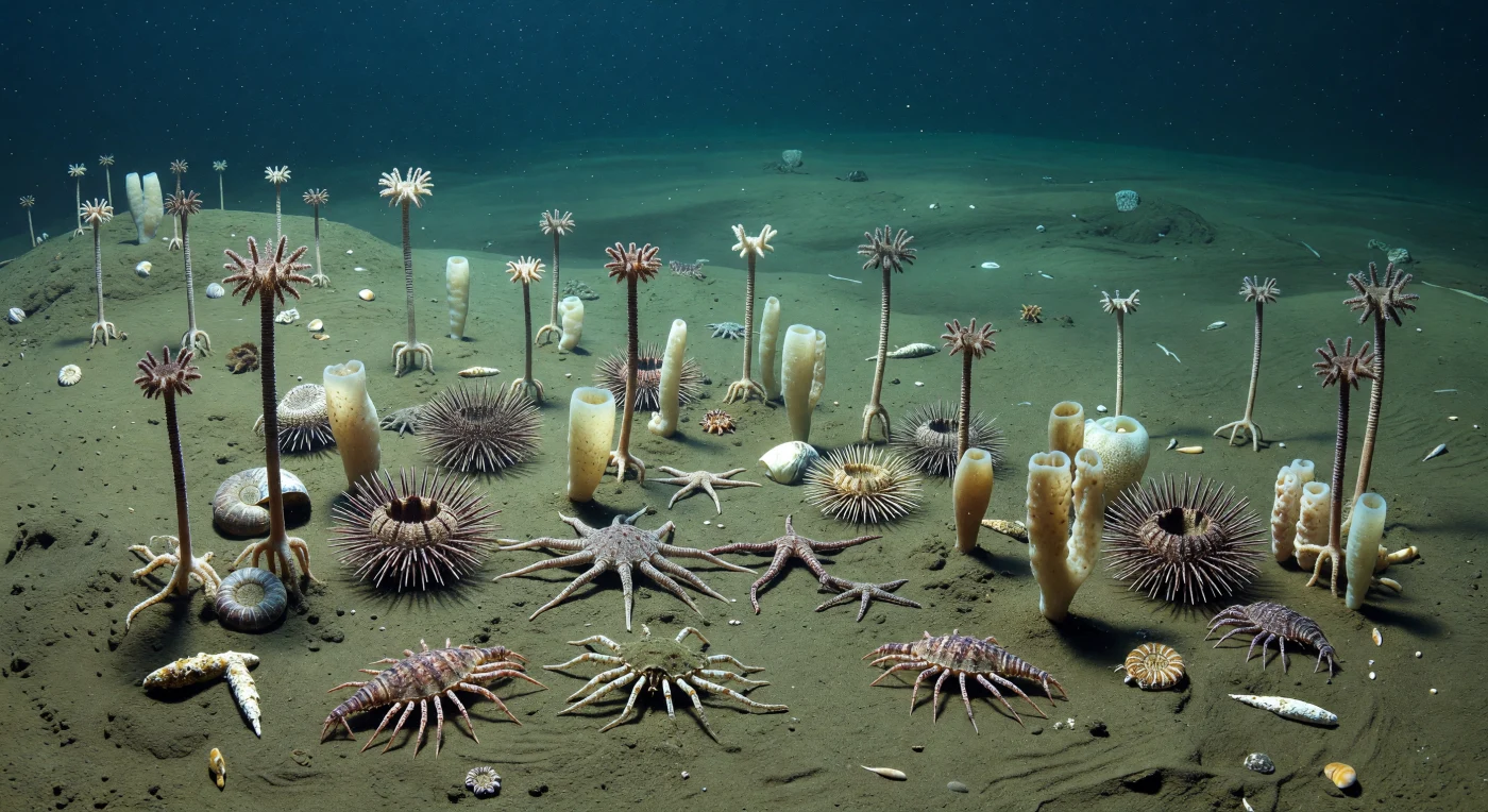 Auf diesem schwach beleuchteten Tiefseeboden des Jura, vor etwa 201–145 Millionen Jahren, ragen gestielte Seelilien der Gattung Isocrinus bis etwa 1,5 Meter über eine olivgraue Schlammfläche empor, begleitet von röhrenförmigen Kieselschwämmen, Schlangensternen, Cidaris-Seeigeln mit langen Stacheln und flach kriechenden Eryon-Krebsen. Zwischen ihnen liegen Schalen von Ammoniten und die patronenförmigen Hartteile von Belemniten halb im kalkigen Mergelschlamm eingebettet. Die Szene zeigt einen sauerstoffreichen bathyalen Lebensraum unterhalb der lichtdurchfluteten Zone, wo trotz Kühle und Dunkelheit ein vielfältiges Wirbellosen-Ökosystem den ruhigen Meeresboden der jurassischen Tiefsee belebte.